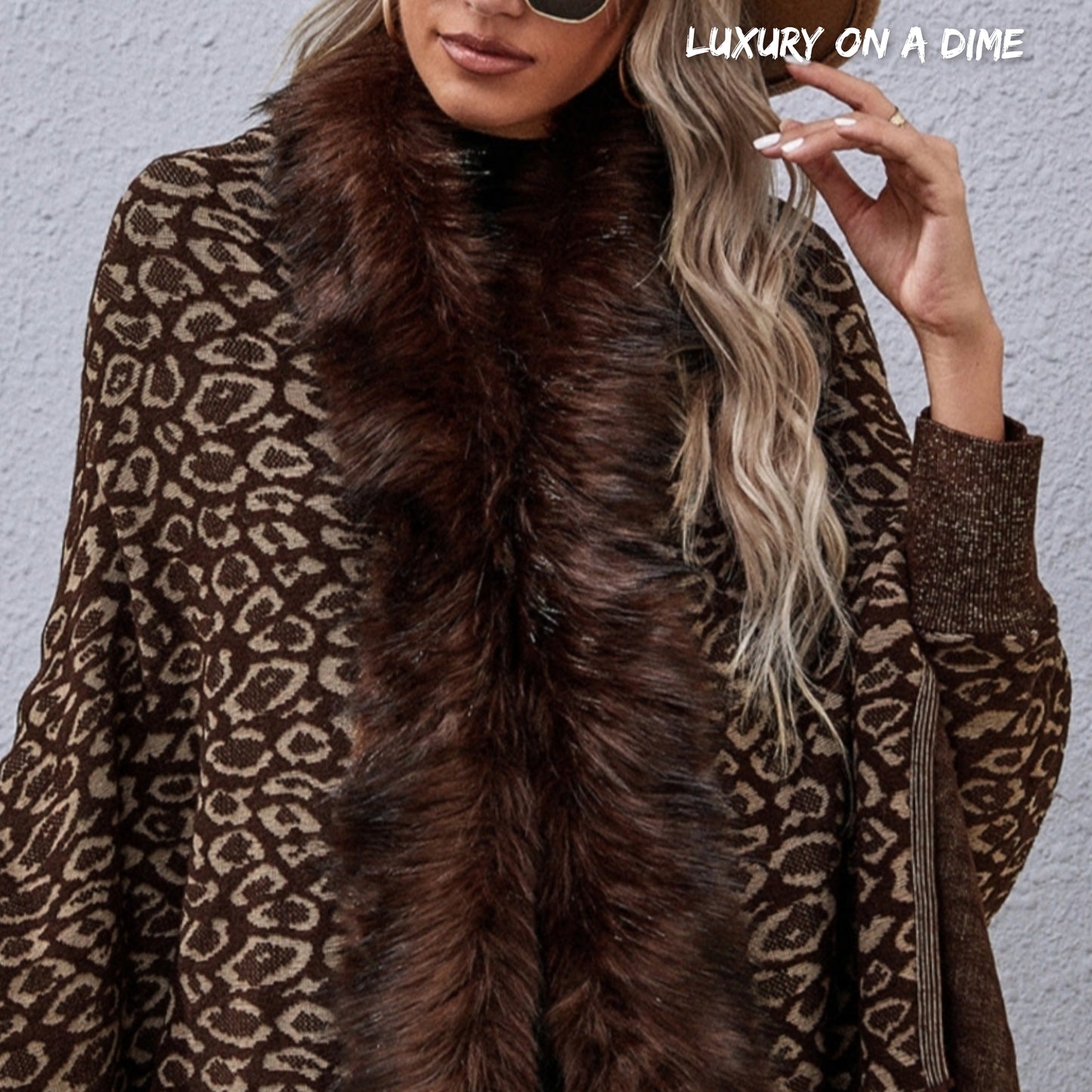 Faux Fur Knit Leopard Print Fringe Bottom Long Sleeve Cardigan Poncho