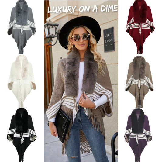 Faux Fur Fringe Hem Oversized Knit Stripe Cardigan Poncho