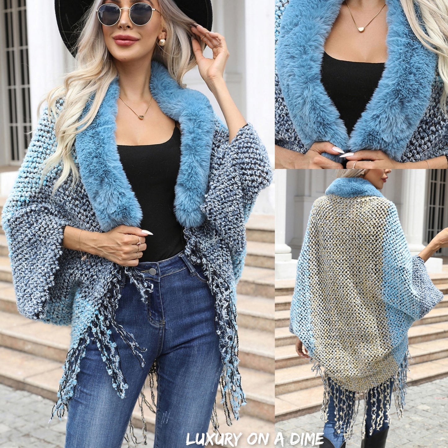 Color Block Open Front Fringe Hem Poncho