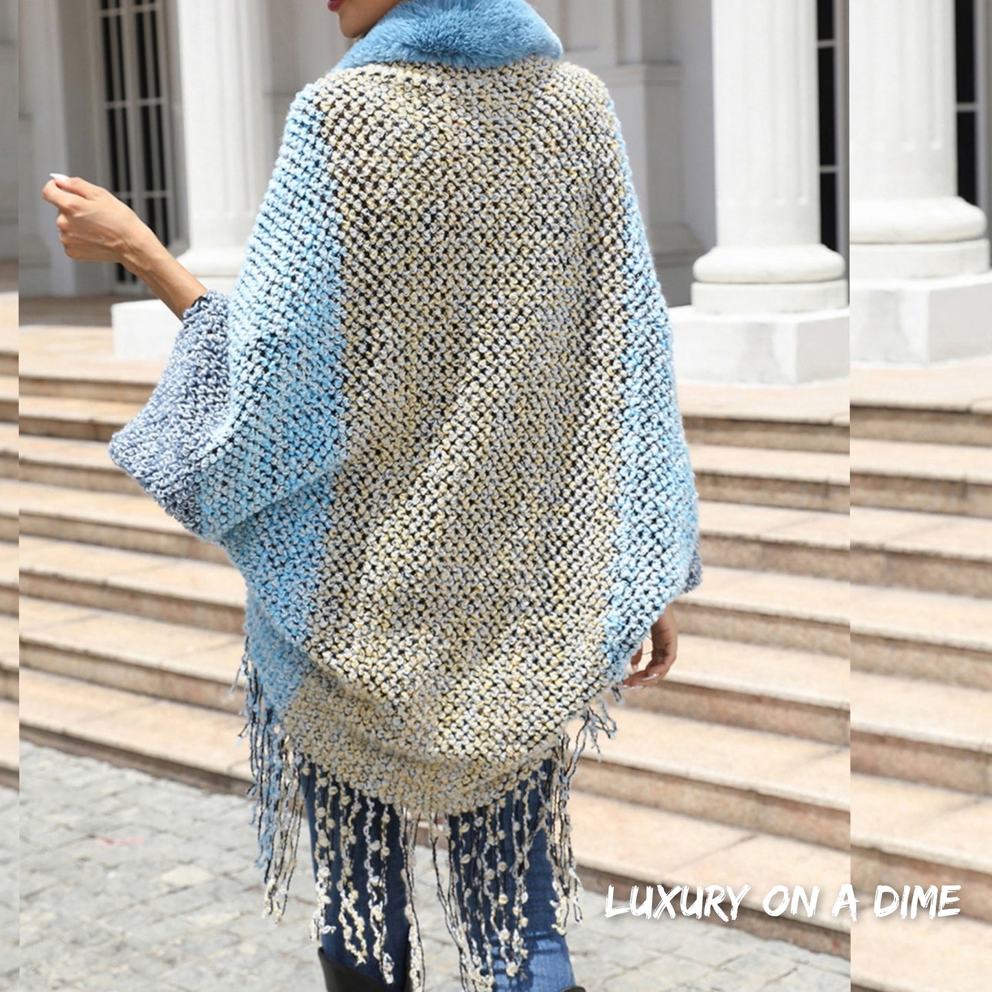 Color Block Open Front Fringe Hem Poncho