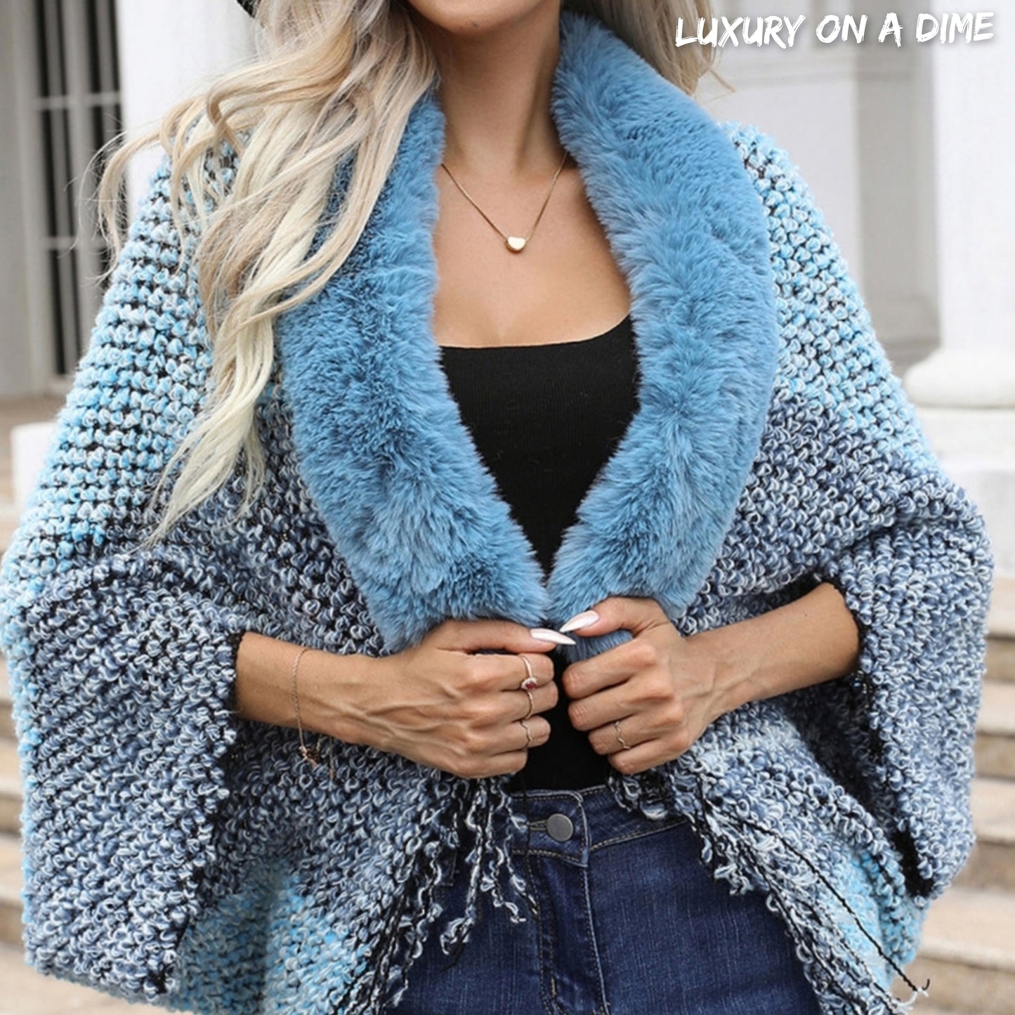 Color Block Open Front Fringe Hem Poncho