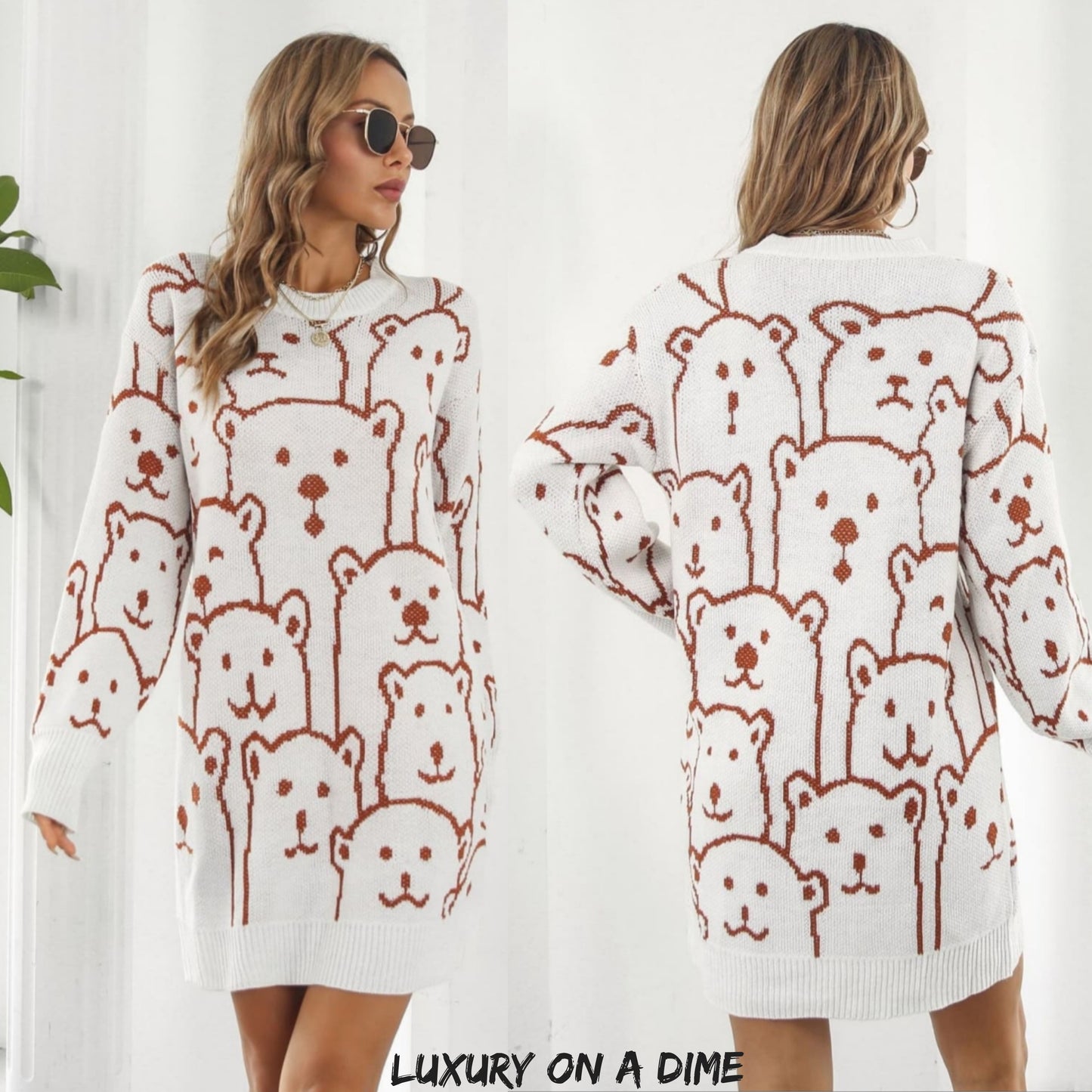 Polar Bear Round Neck Cozy Knit Long Sleeve Mini Sweater Dress
