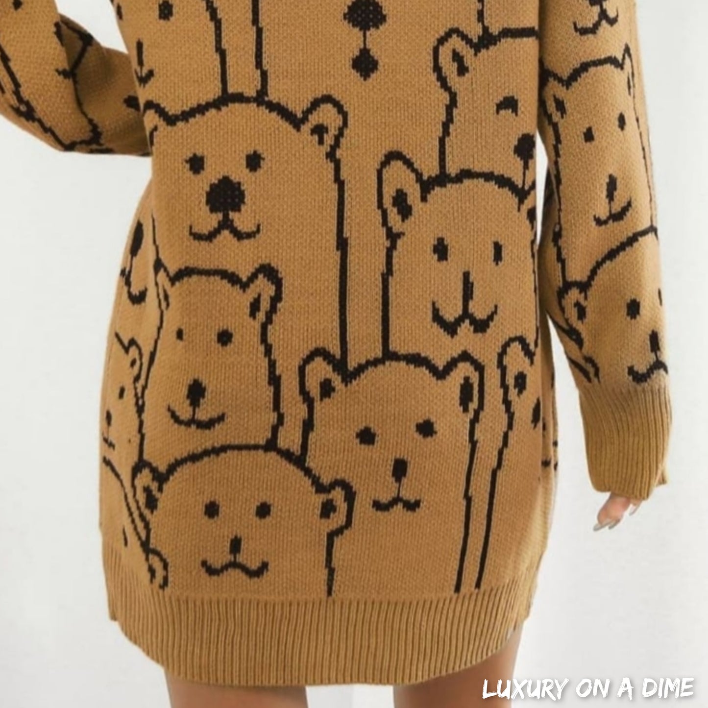 Polar Bear Round Neck Cozy Knit Long Sleeve Mini Sweater Dress