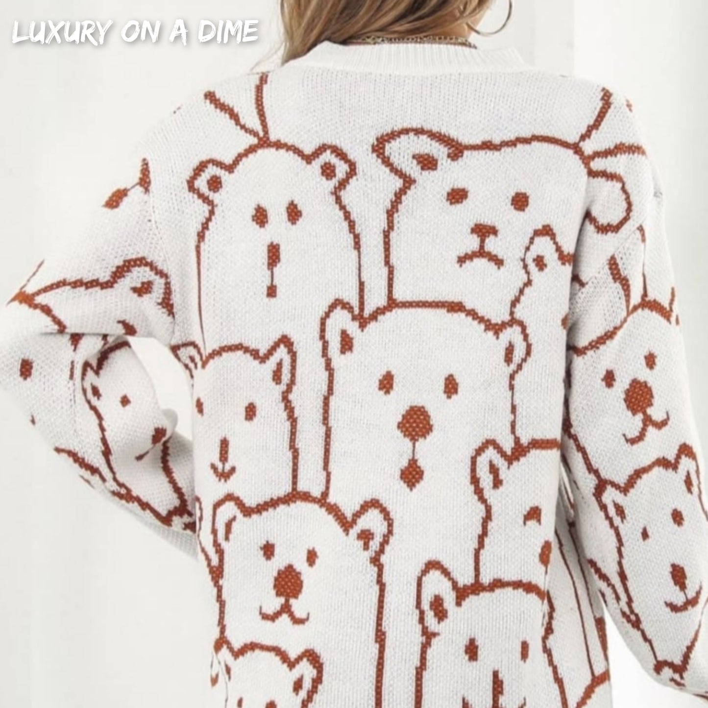 Polar Bear Round Neck Cozy Knit Long Sleeve Mini Sweater Dress