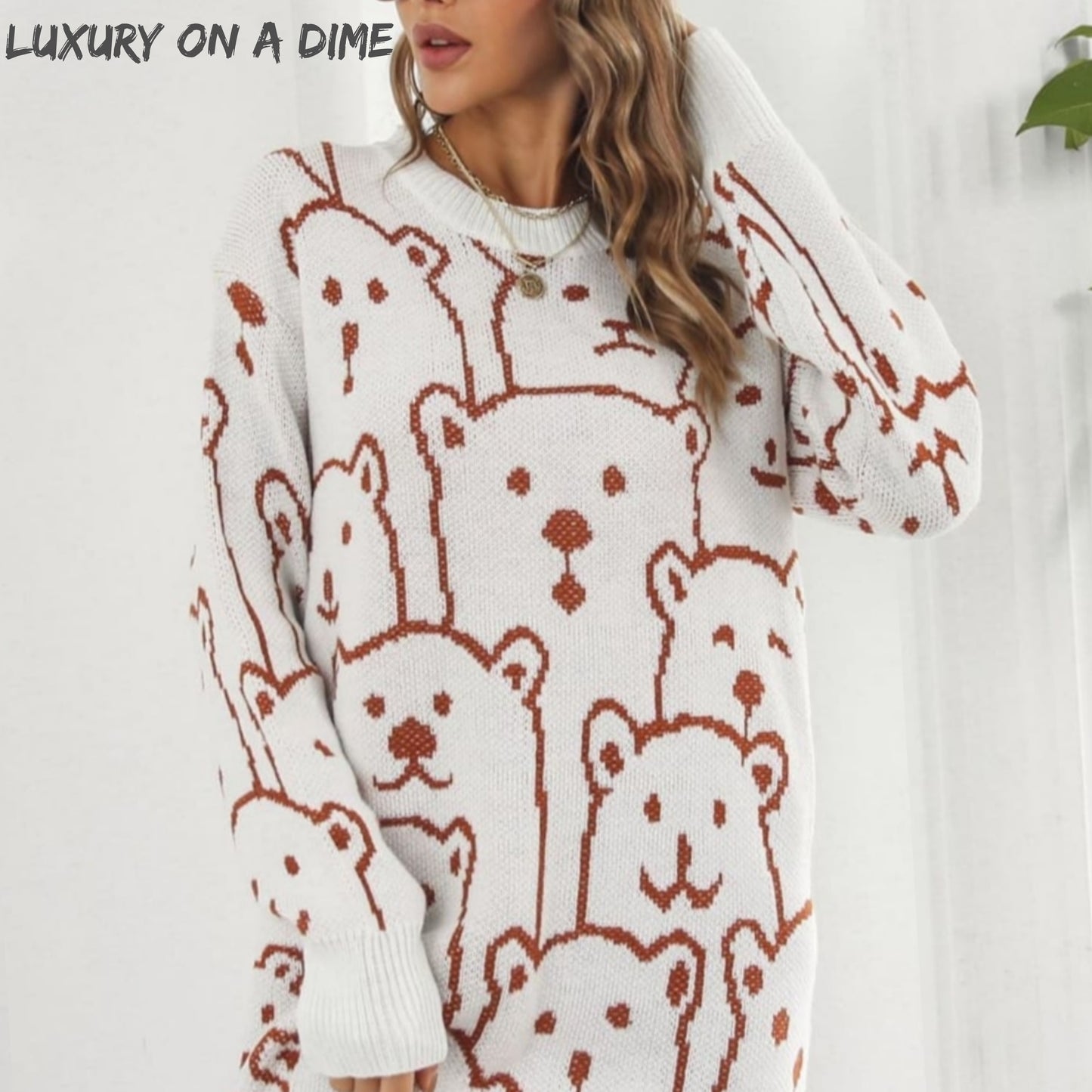 Polar Bear Round Neck Cozy Knit Long Sleeve Mini Sweater Dress