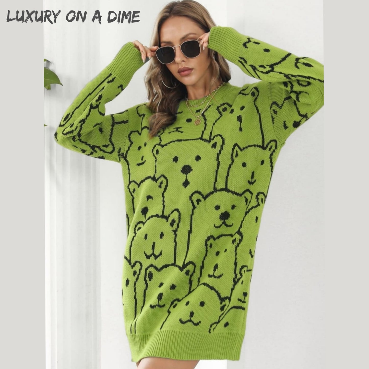 Polar Bear Round Neck Cozy Knit Long Sleeve Mini Sweater Dress