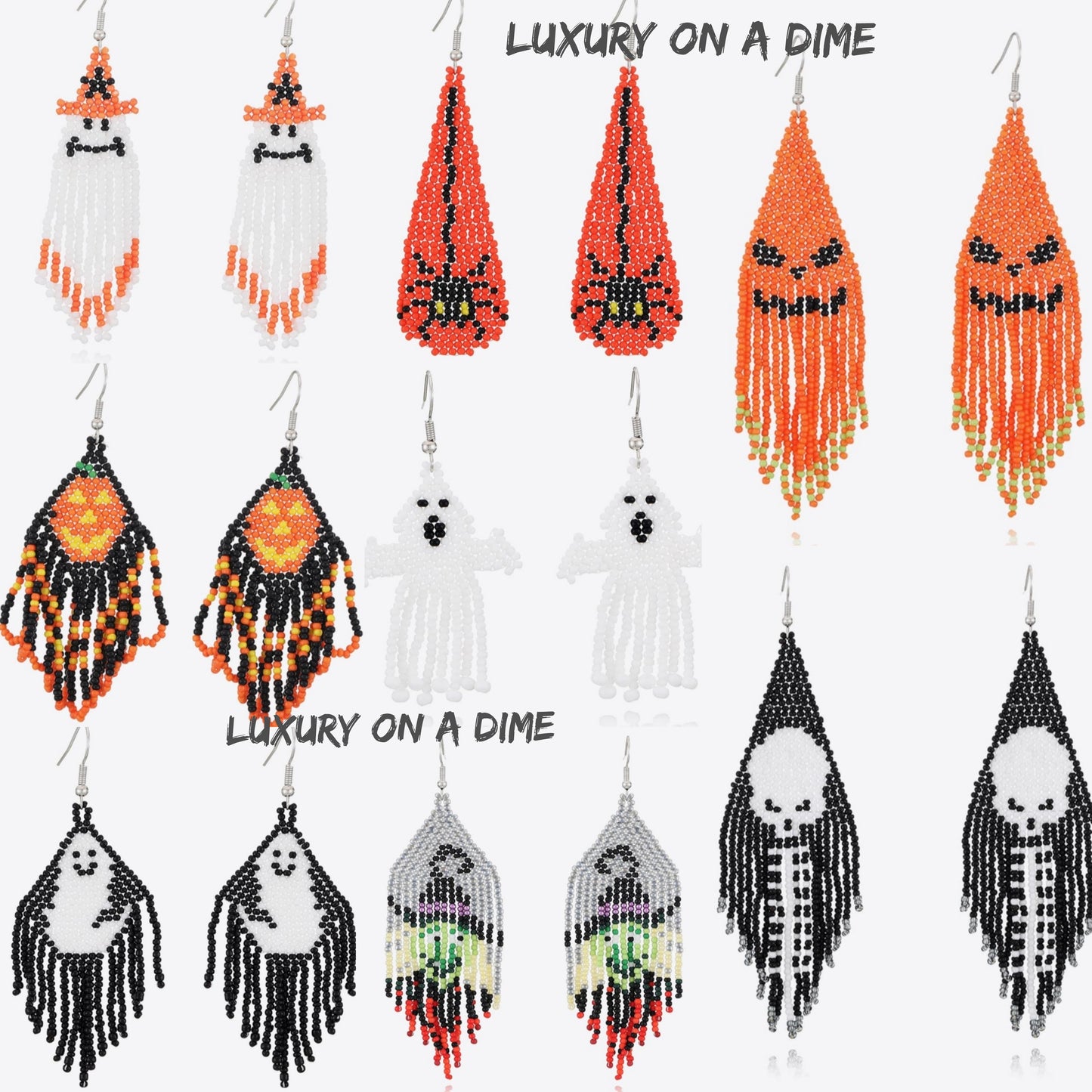 Spooky Fun Beaded Long Dangle Earrings Halloween Jewelry Pumpkin Ghost Spider Witch Skeleton