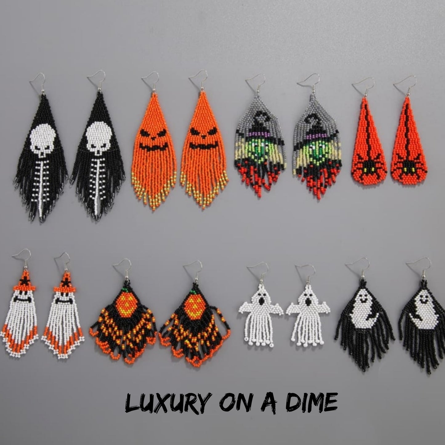Spooky Fun Beaded Long Dangle Earrings Halloween Jewelry Pumpkin Ghost Spider Witch Skeleton