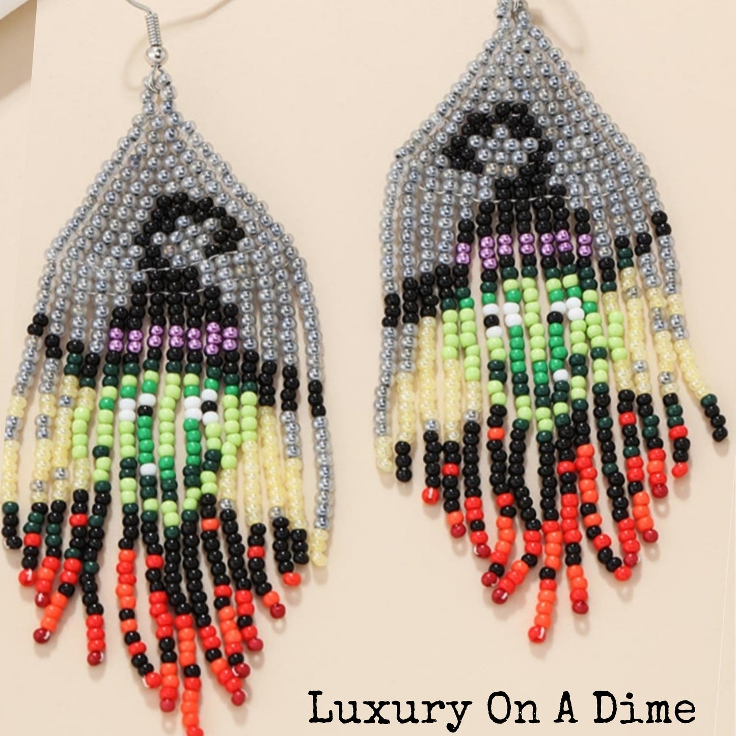 Spooky Fun Beaded Long Dangle Earrings Halloween Jewelry Pumpkin Ghost Spider Witch Skeleton
