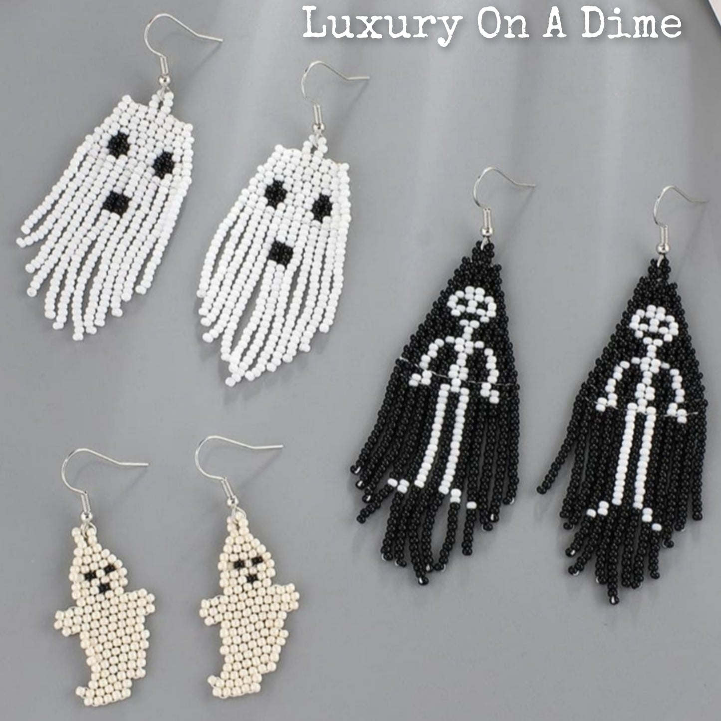 Spooky Fun Beaded Long Dangle Earrings Ghost Skeleton Jewelry Artisan