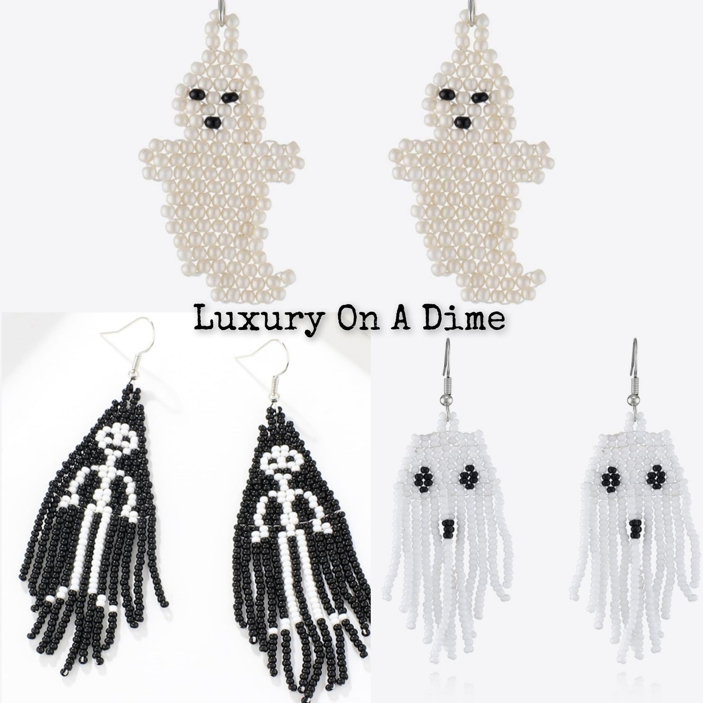Spooky Fun Beaded Long Dangle Earrings Ghost Skeleton Jewelry Artisan