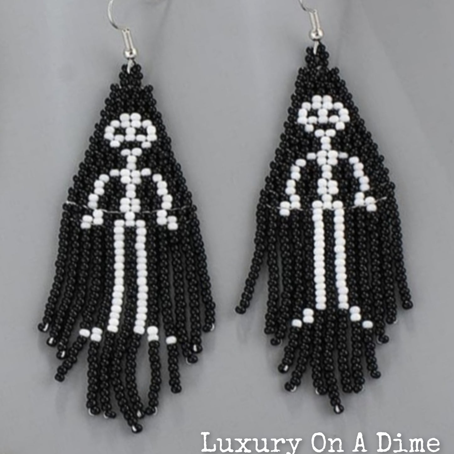 Spooky Fun Beaded Long Dangle Earrings Ghost Skeleton Jewelry Artisan