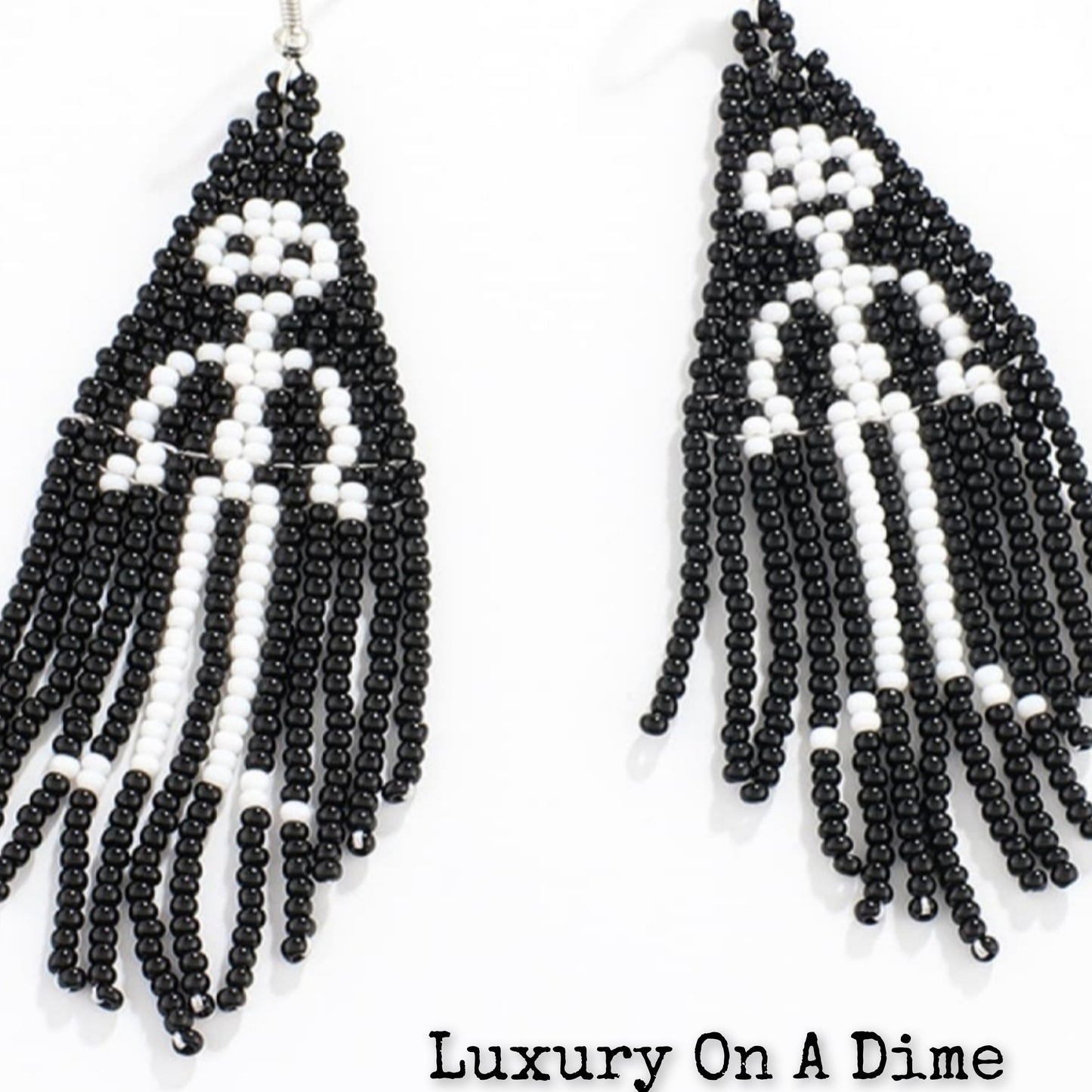 Spooky Fun Beaded Long Dangle Earrings Ghost Skeleton Jewelry Artisan