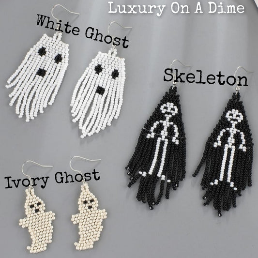 Spooky Fun Beaded Long Dangle Earrings Ghost Skeleton Jewelry Artisan