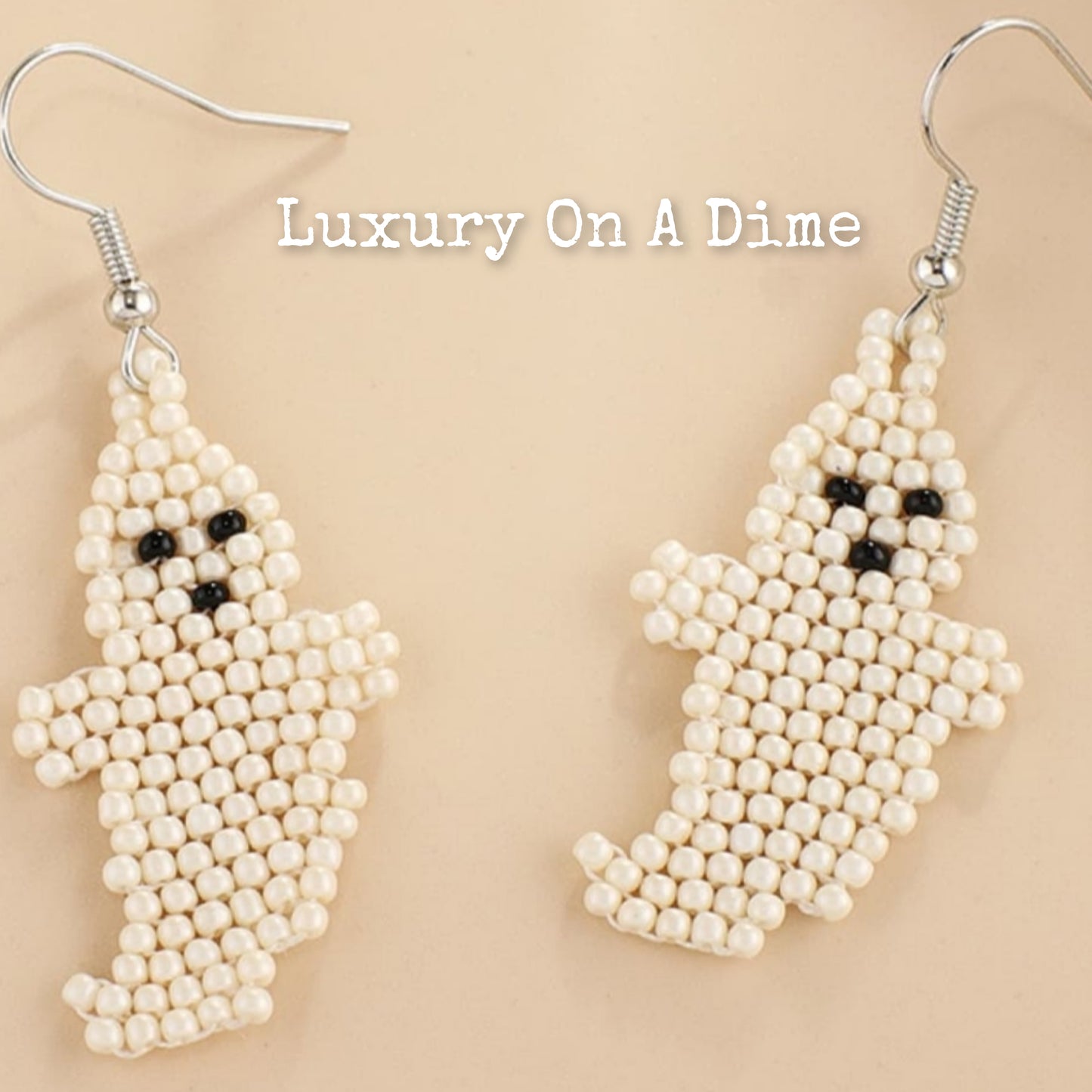 Spooky Fun Beaded Long Dangle Earrings Ghost Skeleton Jewelry Artisan