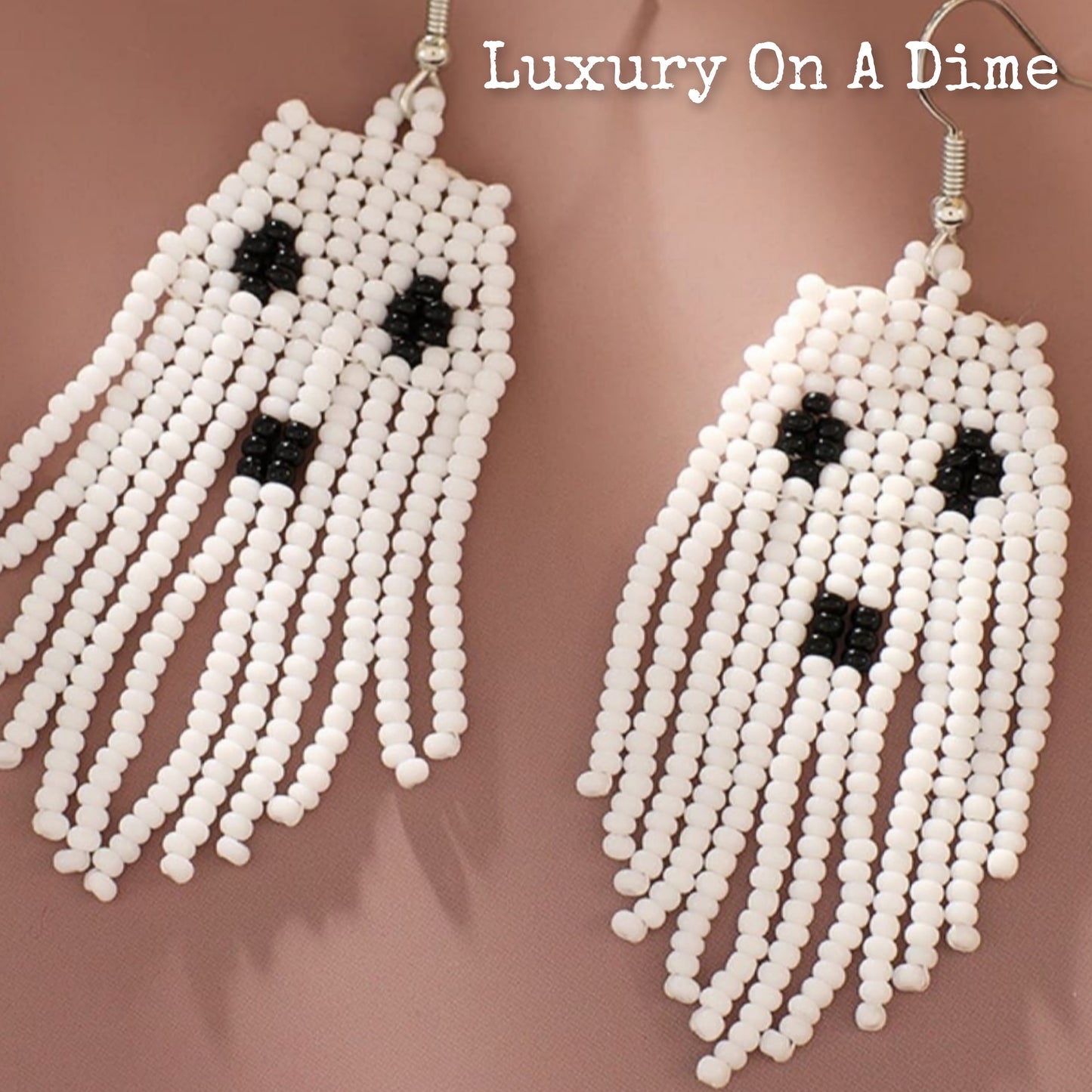 Spooky Fun Beaded Long Dangle Earrings Ghost Skeleton Jewelry Artisan