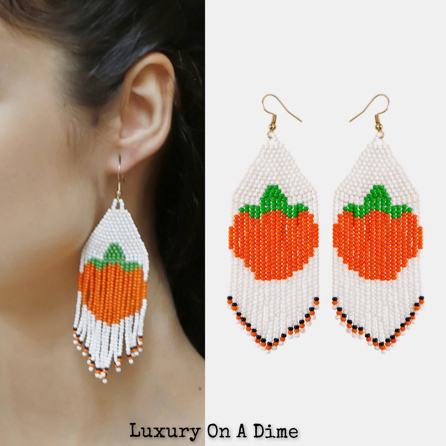 Long Beaded Pumpkin Bohemian Dangle Earrings Fall Jewelry Artisan