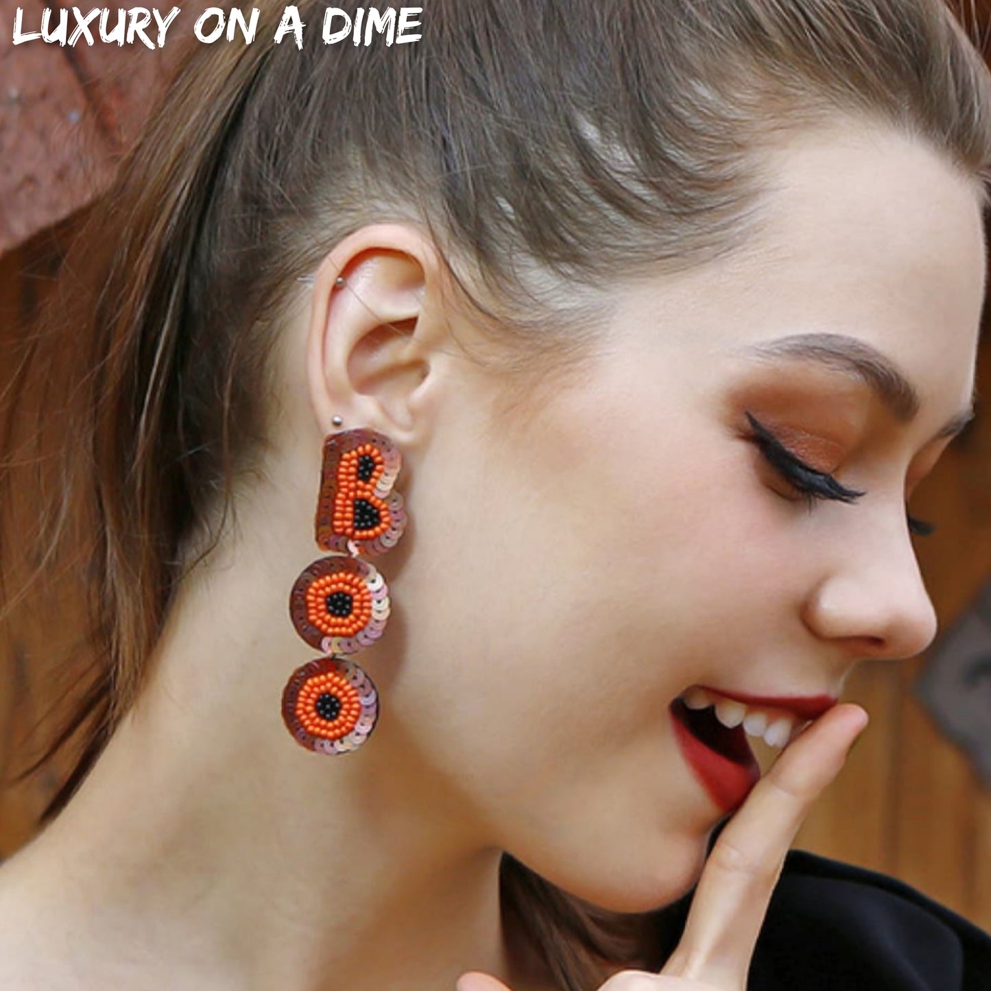 Long Beaded Sequin BOO Dangle Earrings Halloween Artisan Jewelry