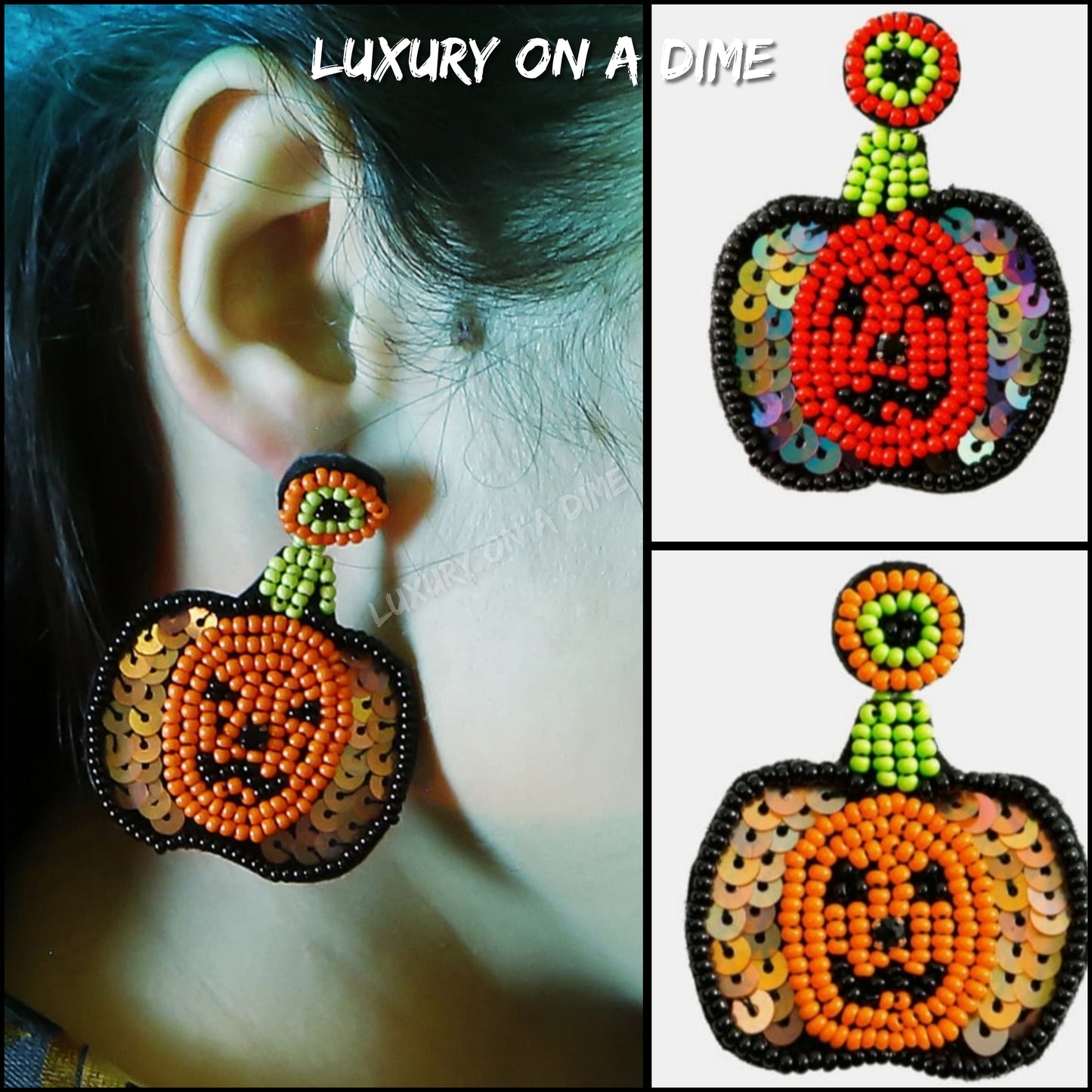 Beaded Sequin Pumpkin Dangle Earrings Halloween Artisan Jewelry
