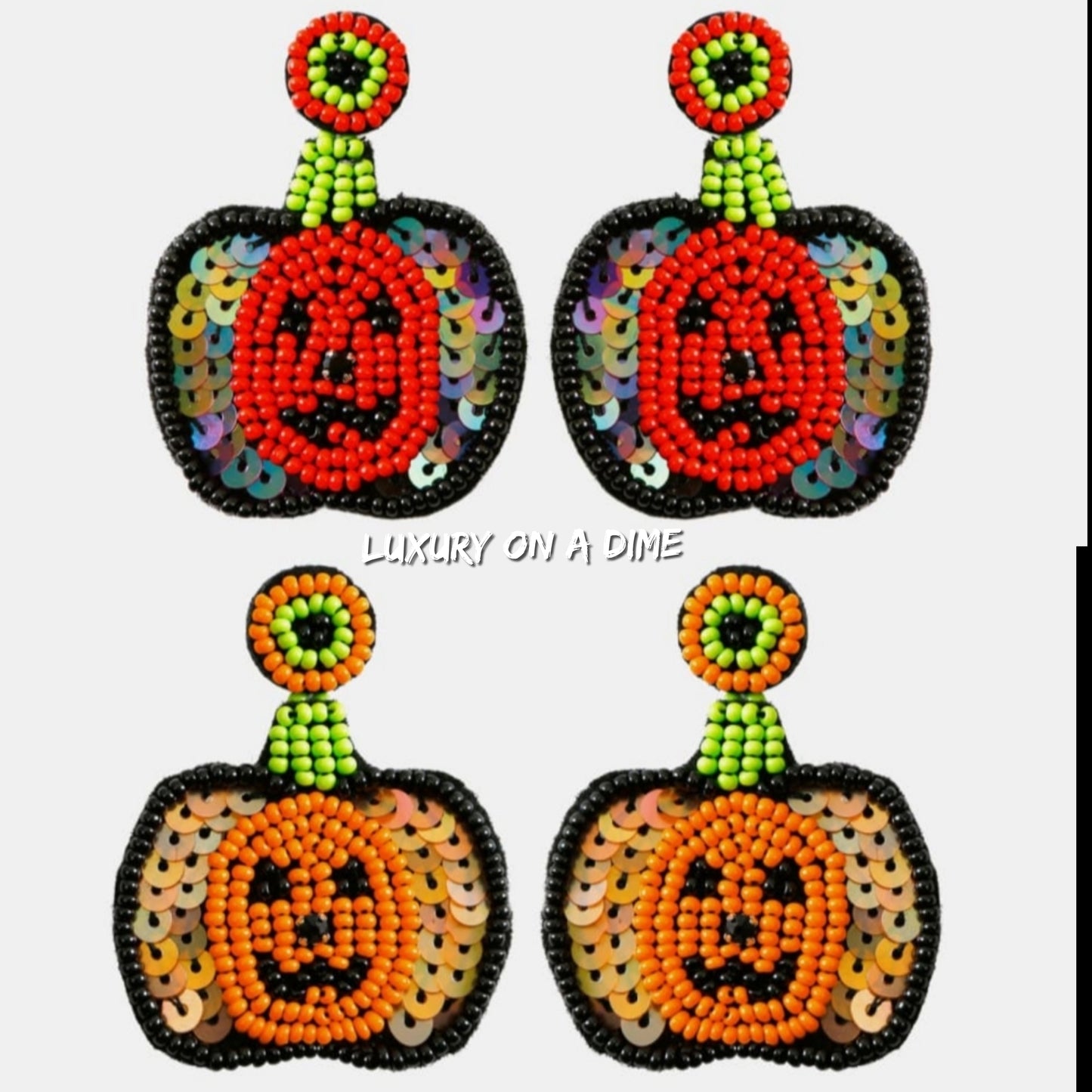 Beaded Sequin Pumpkin Dangle Earrings Halloween Artisan Jewelry