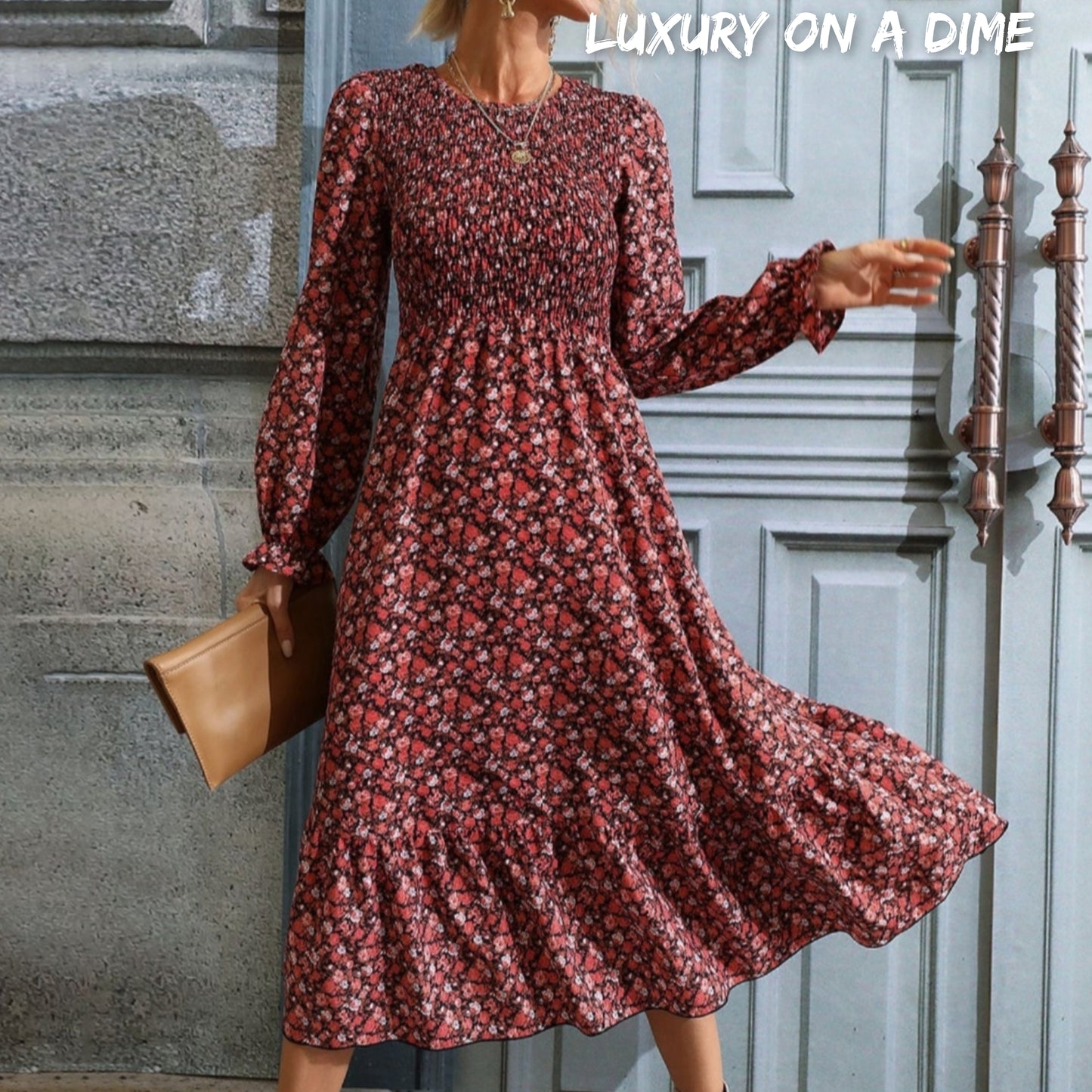 Retro Floral Print Modest Long-sleeve Smocked Bodice Midi Prairie Dress
