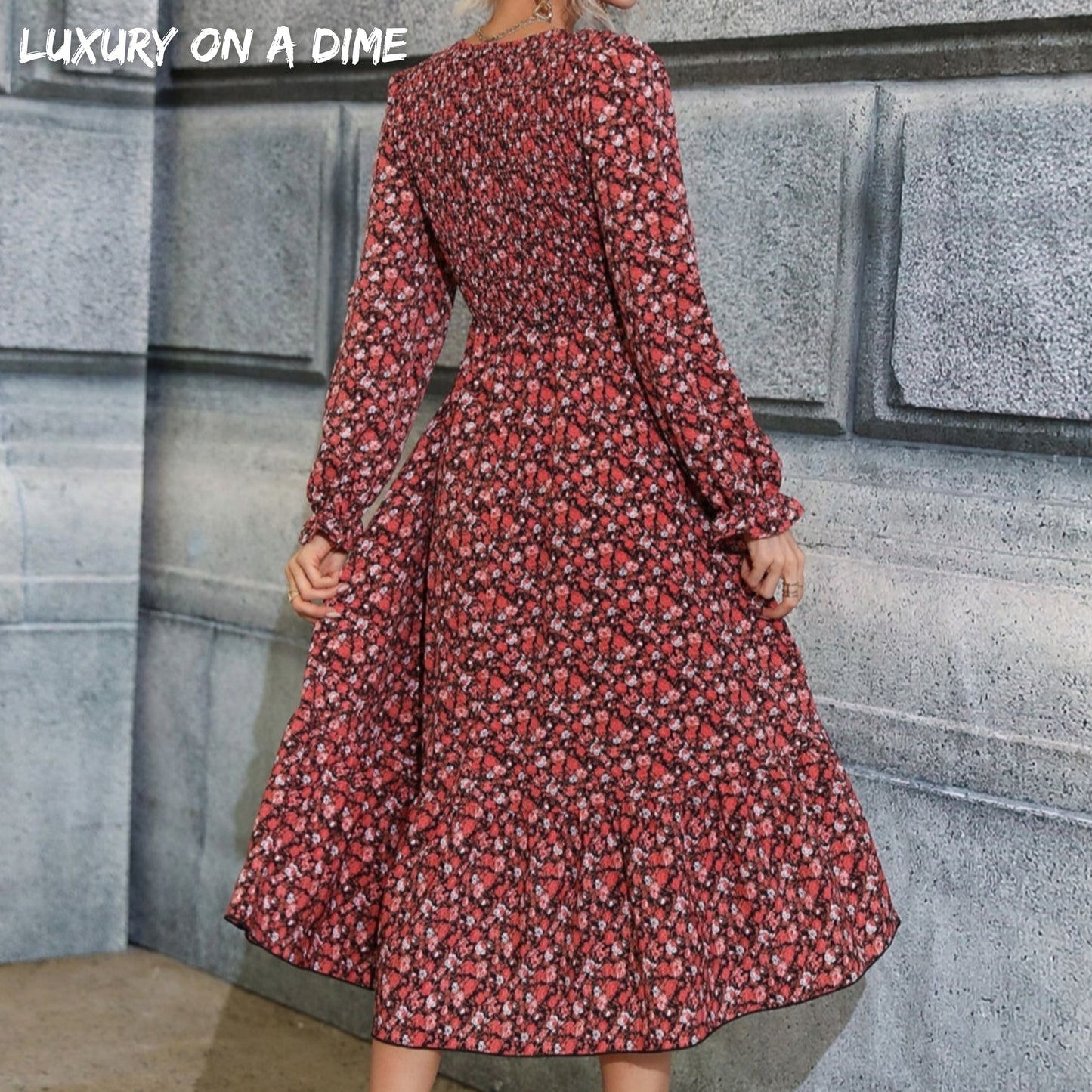 Retro Floral Print Modest Long-sleeve Smocked Bodice Midi Prairie Dress