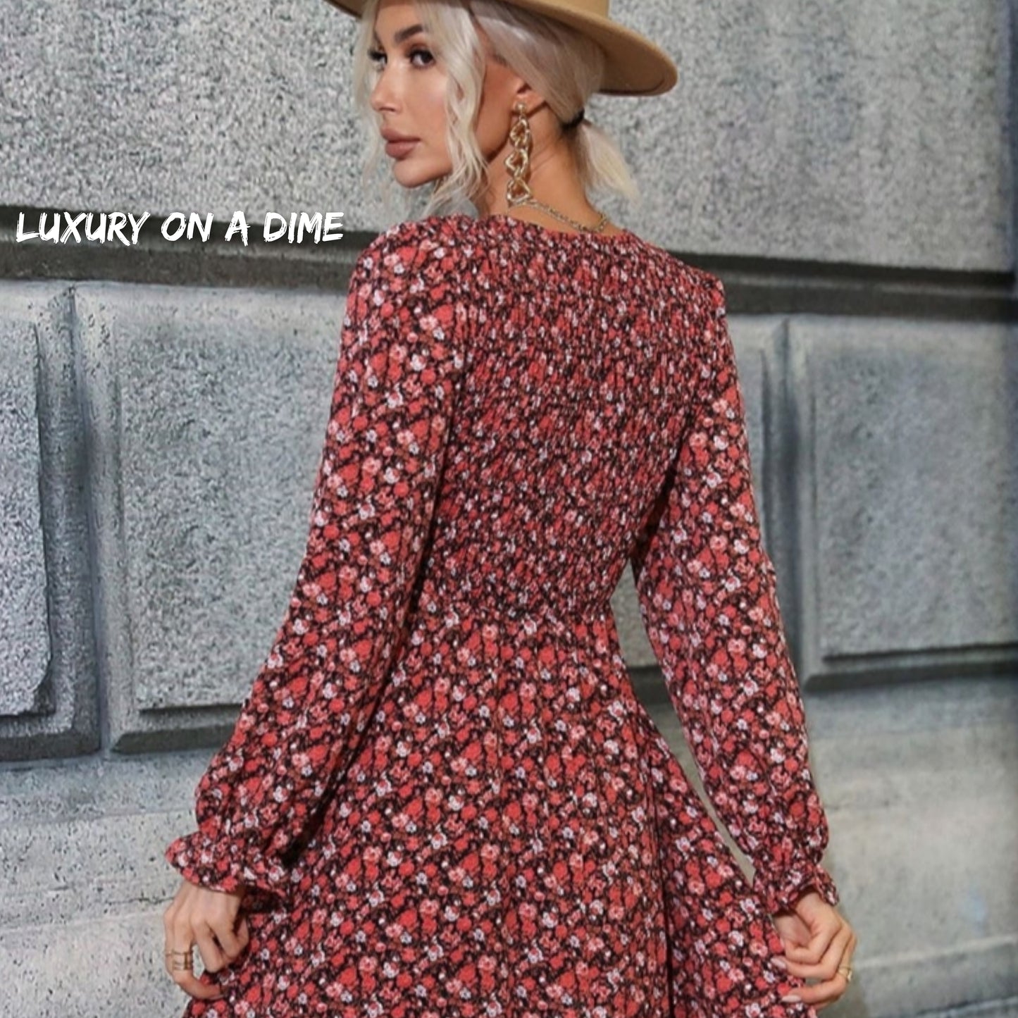 Retro Floral Print Modest Long-sleeve Smocked Bodice Midi Prairie Dress