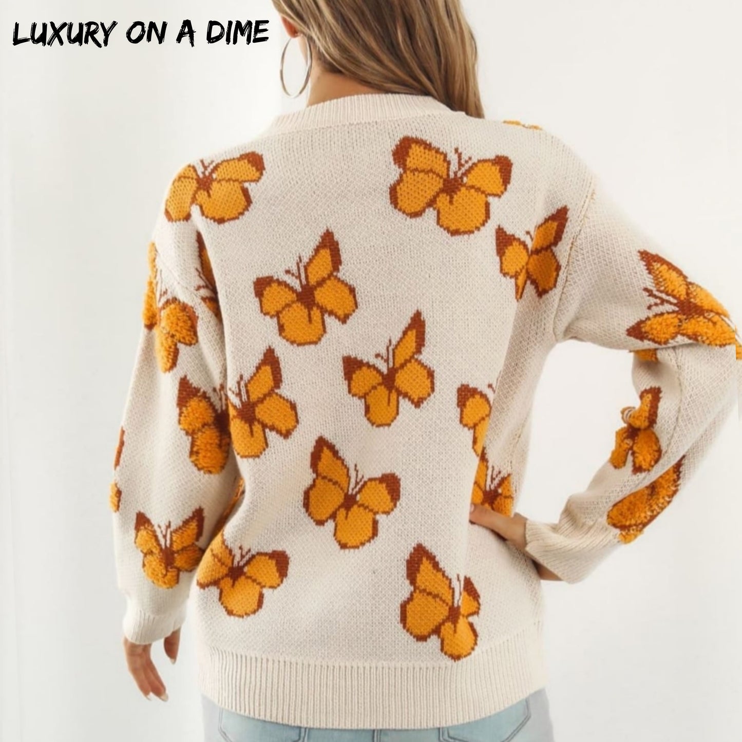 Fuzzy Monarch Butterfly Raised Shag Bold Colors Knit Pullover Sweater Shirt