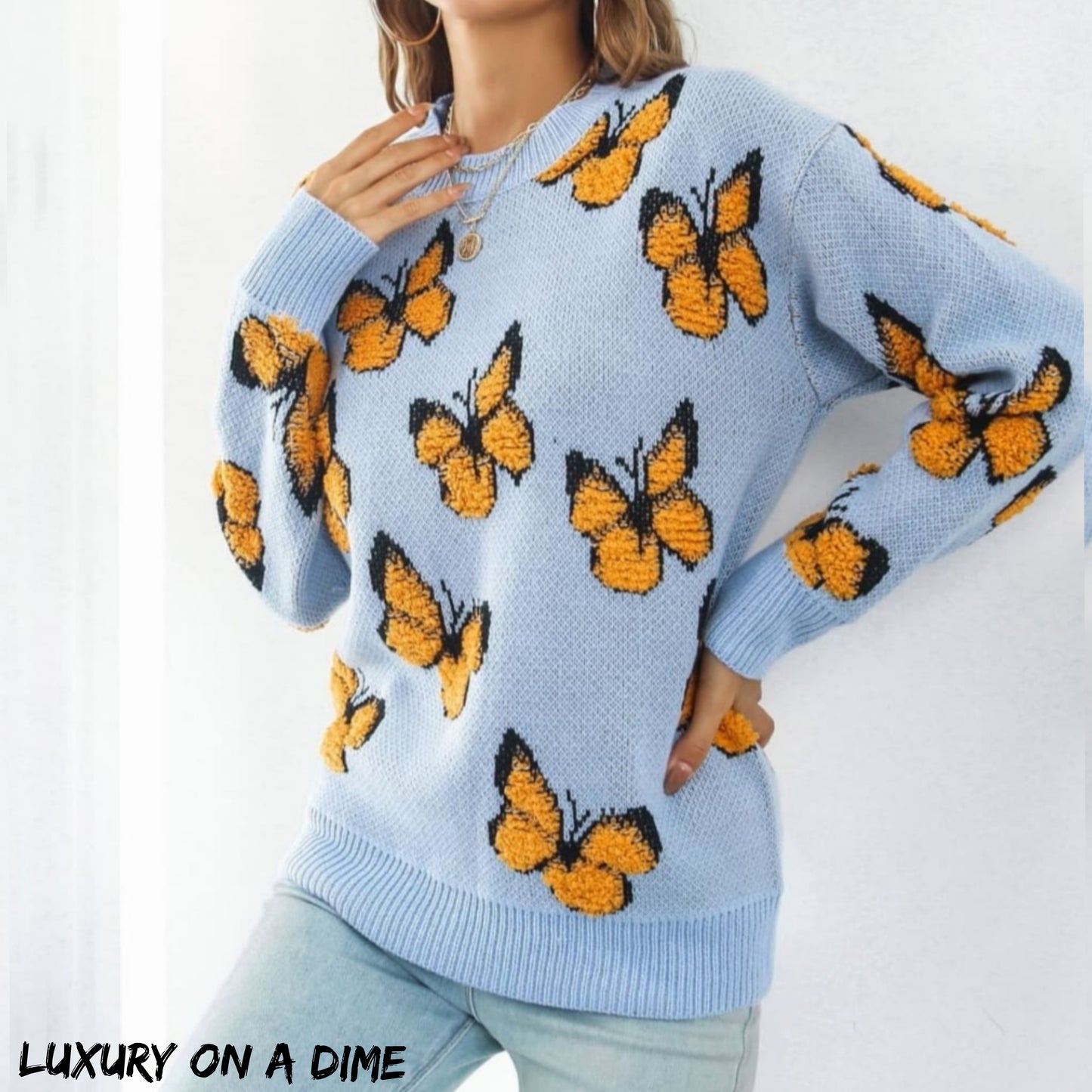 Fuzzy Monarch Butterfly Raised Shag Bold Colors Knit Pullover Sweater Shirt