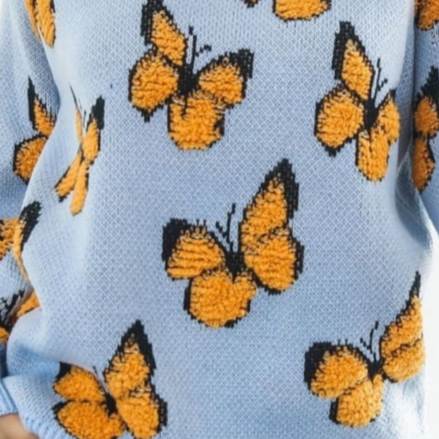 Fuzzy Monarch Butterfly Raised Shag Bold Colors Knit Pullover Sweater Shirt