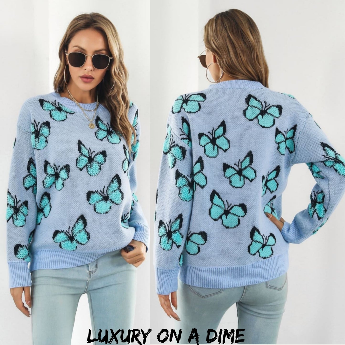 Fuzzy Monarch Butterfly Raised Shag Bold Colors Knit Pullover Sweater Shirt