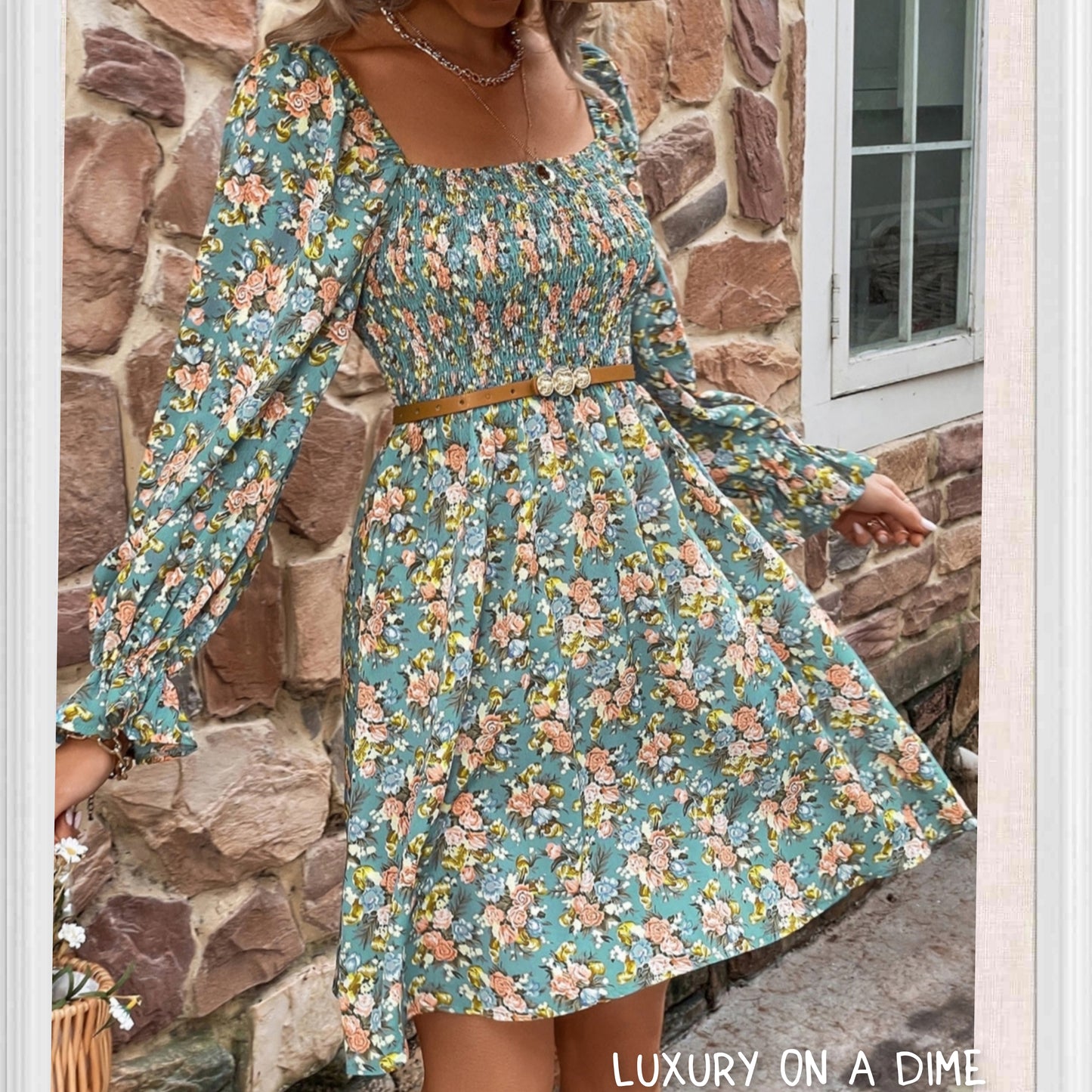 Floral Smocked Flounce Sleeve Square Neck Dress