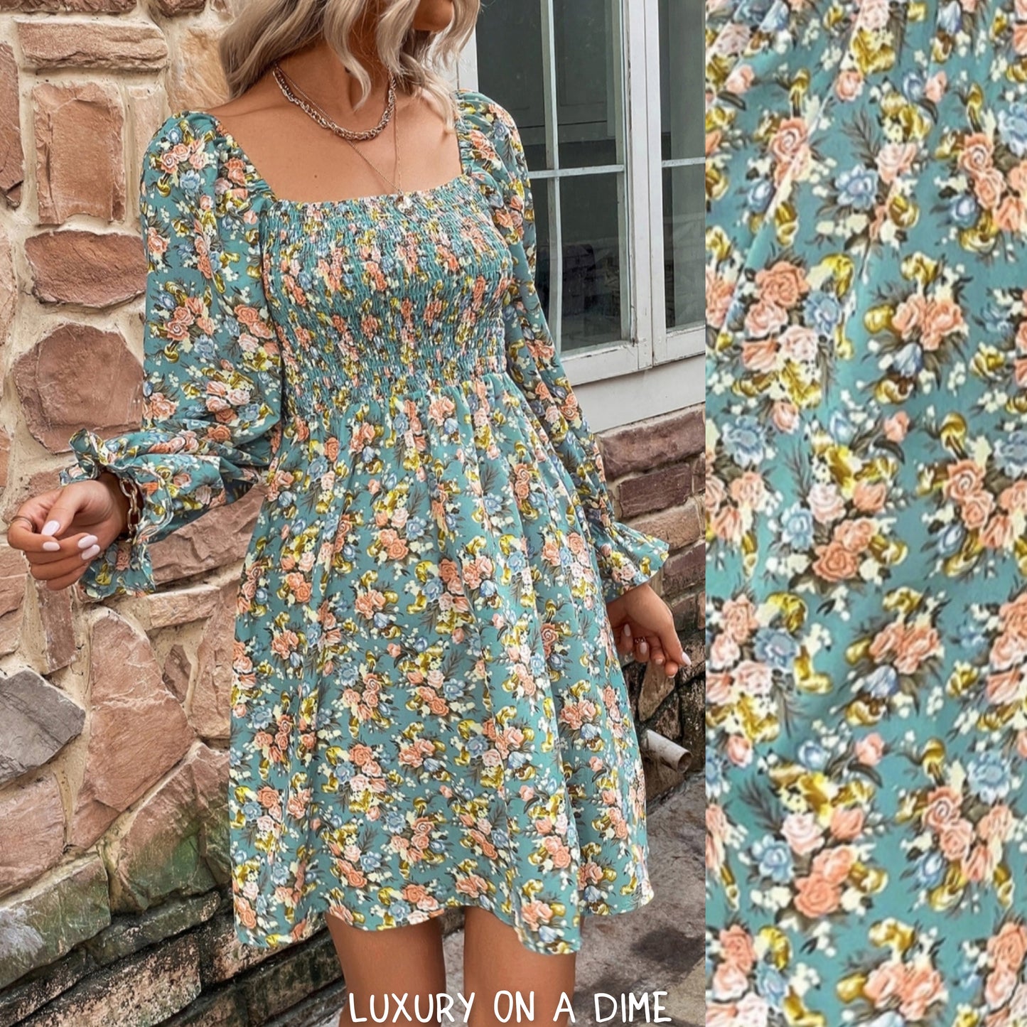 Floral Smocked Flounce Sleeve Square Neck Dress