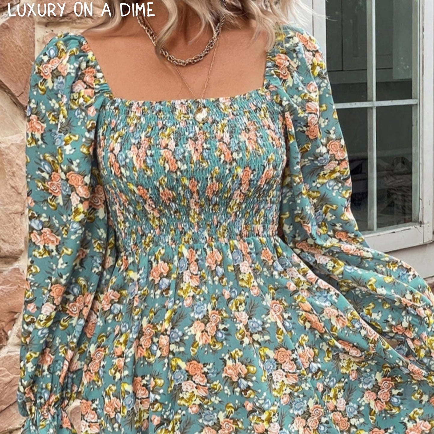 Floral Smocked Flounce Sleeve Square Neck Dress