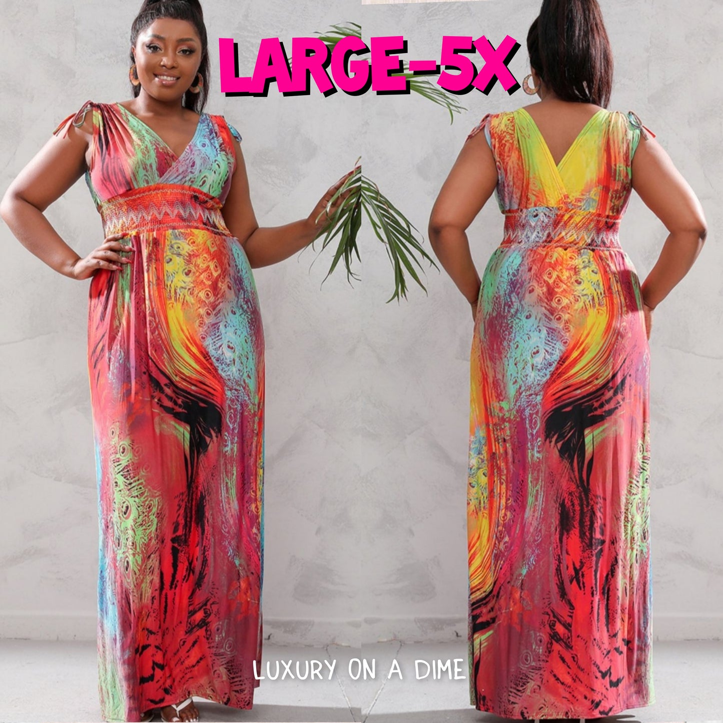 Tie-dye Peacock Sleeveless Smocked Waist Maxi Dress Large-5X Curvy Size Only