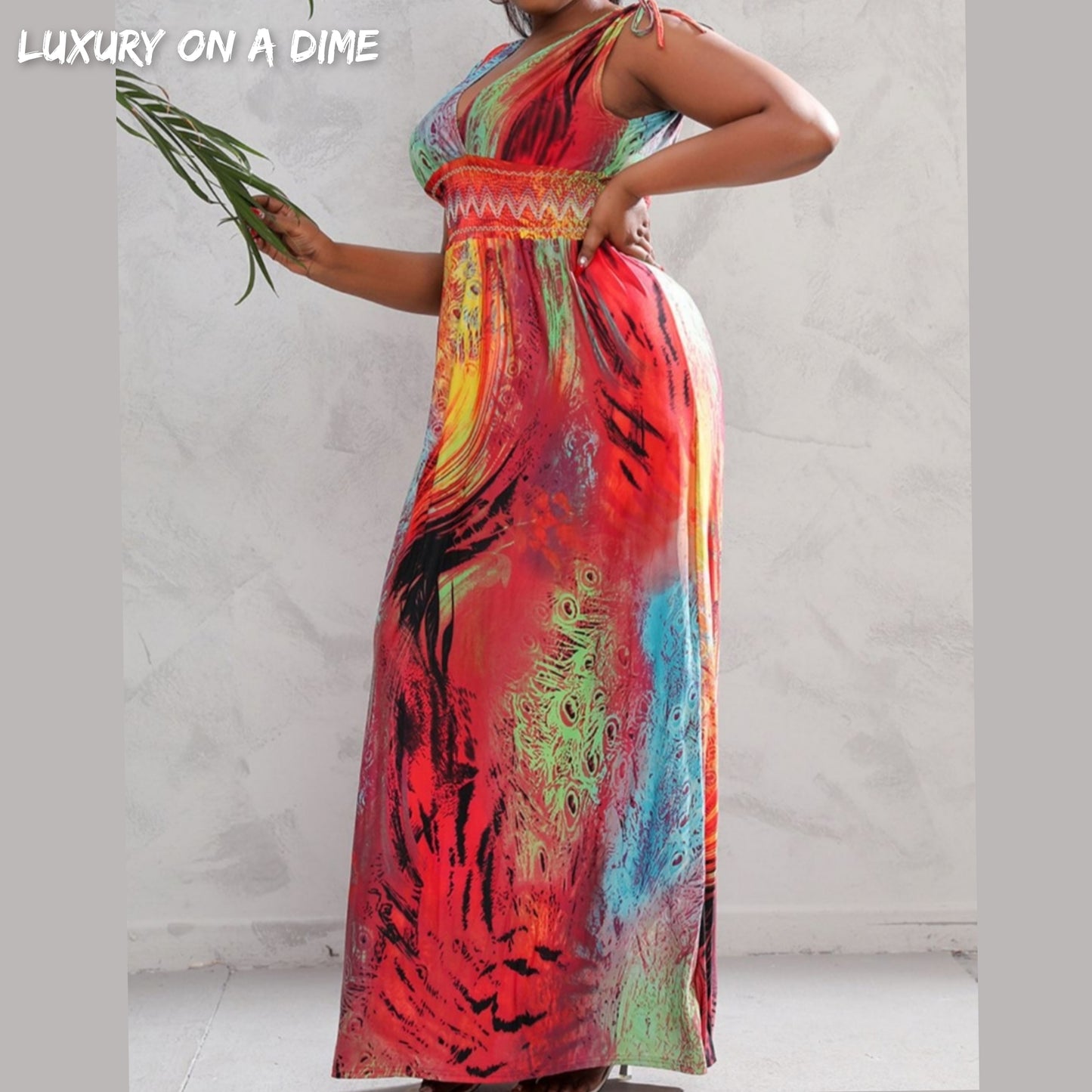 Tie-dye Peacock Sleeveless Smocked Waist Maxi Dress Large-5X Curvy Size Only