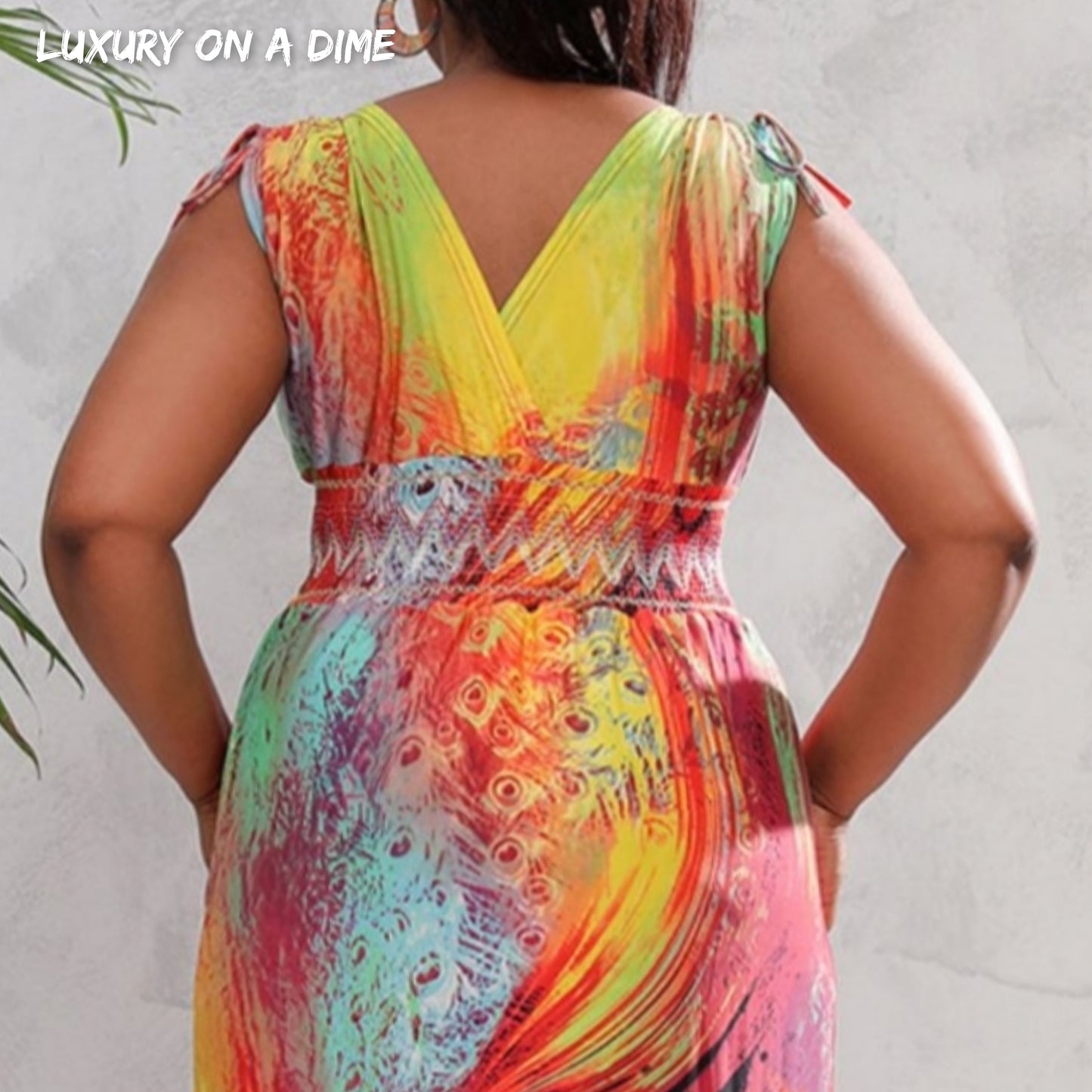 Tie-dye Peacock Sleeveless Smocked Waist Maxi Dress Large-5X Curvy Size Only