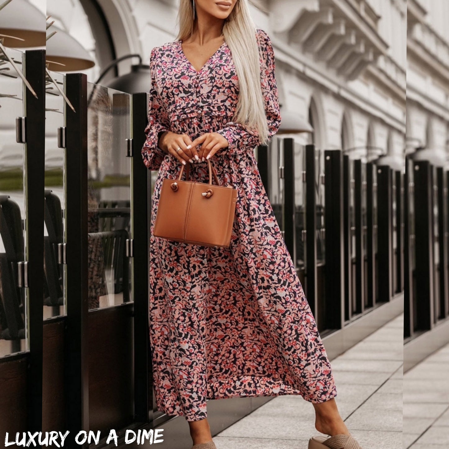 Abstract Pink Floral V-Neck Buttoned Chest Long Sleeve Maxi Dress