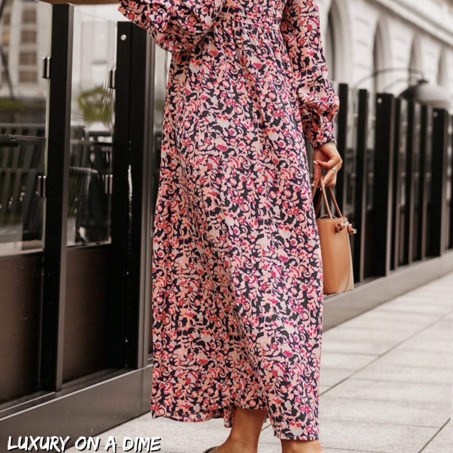 Abstract Pink Floral V-Neck Buttoned Chest Long Sleeve Maxi Dress