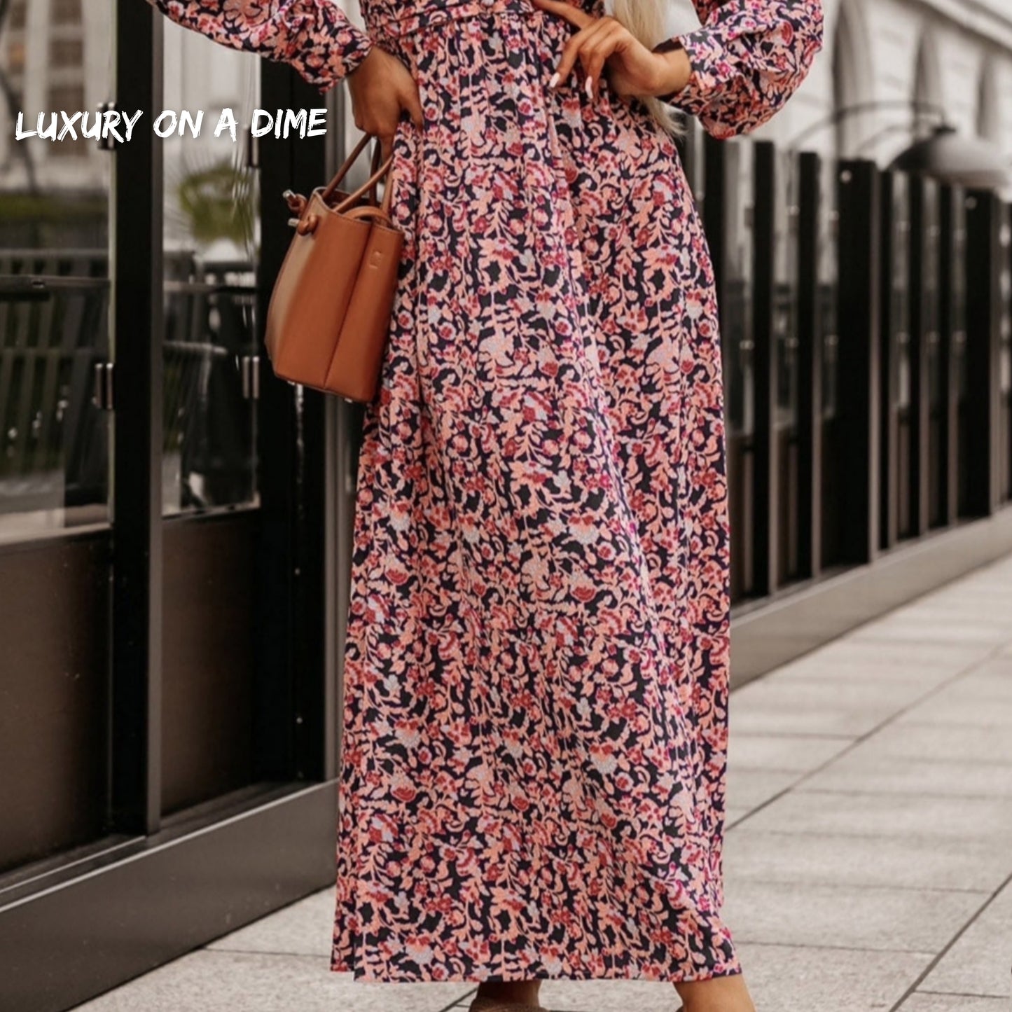 Abstract Pink Floral V-Neck Buttoned Chest Long Sleeve Maxi Dress