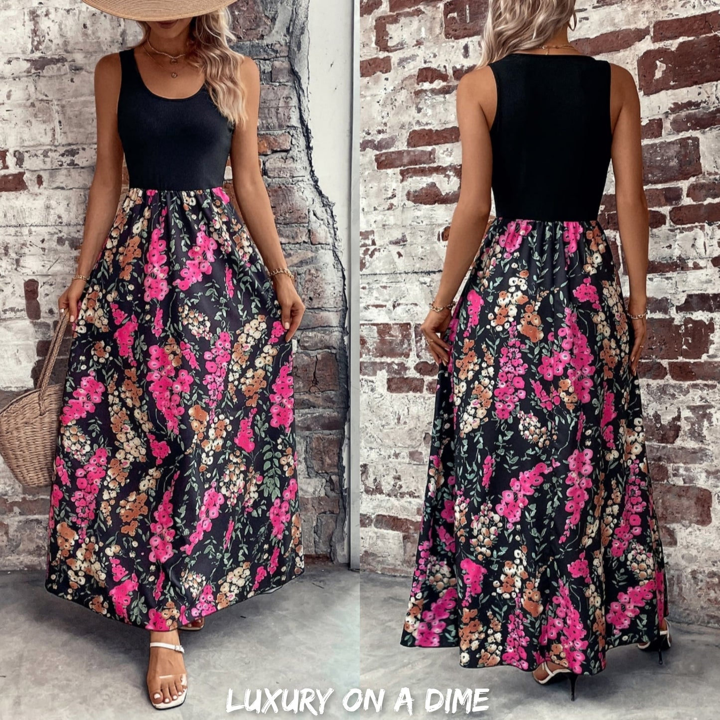 Color Block Bright Pink Floral Scoop Neck Sleeveless Maxi Dress