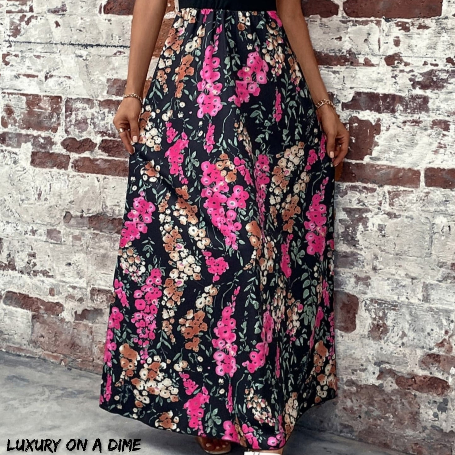 Color Block Bright Pink Floral Scoop Neck Sleeveless Maxi Dress