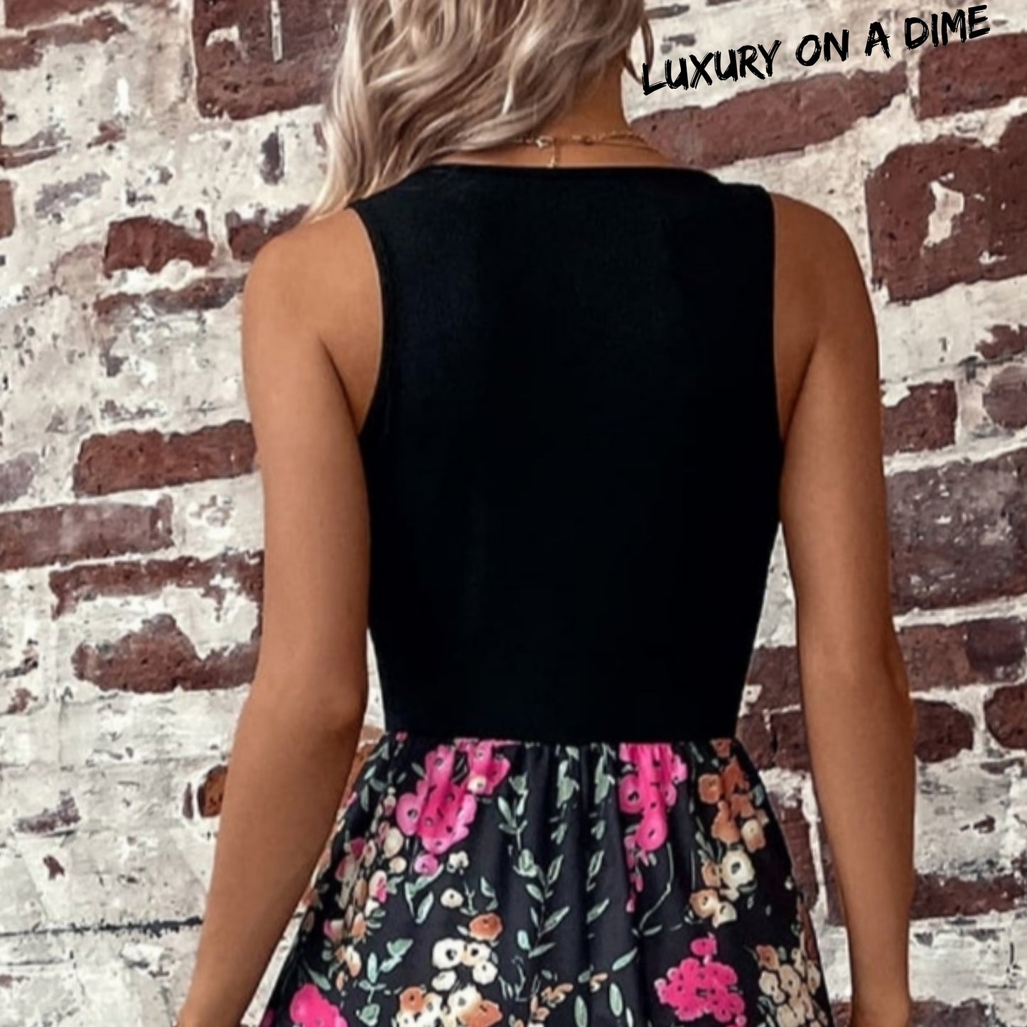 Color Block Bright Pink Floral Scoop Neck Sleeveless Maxi Dress