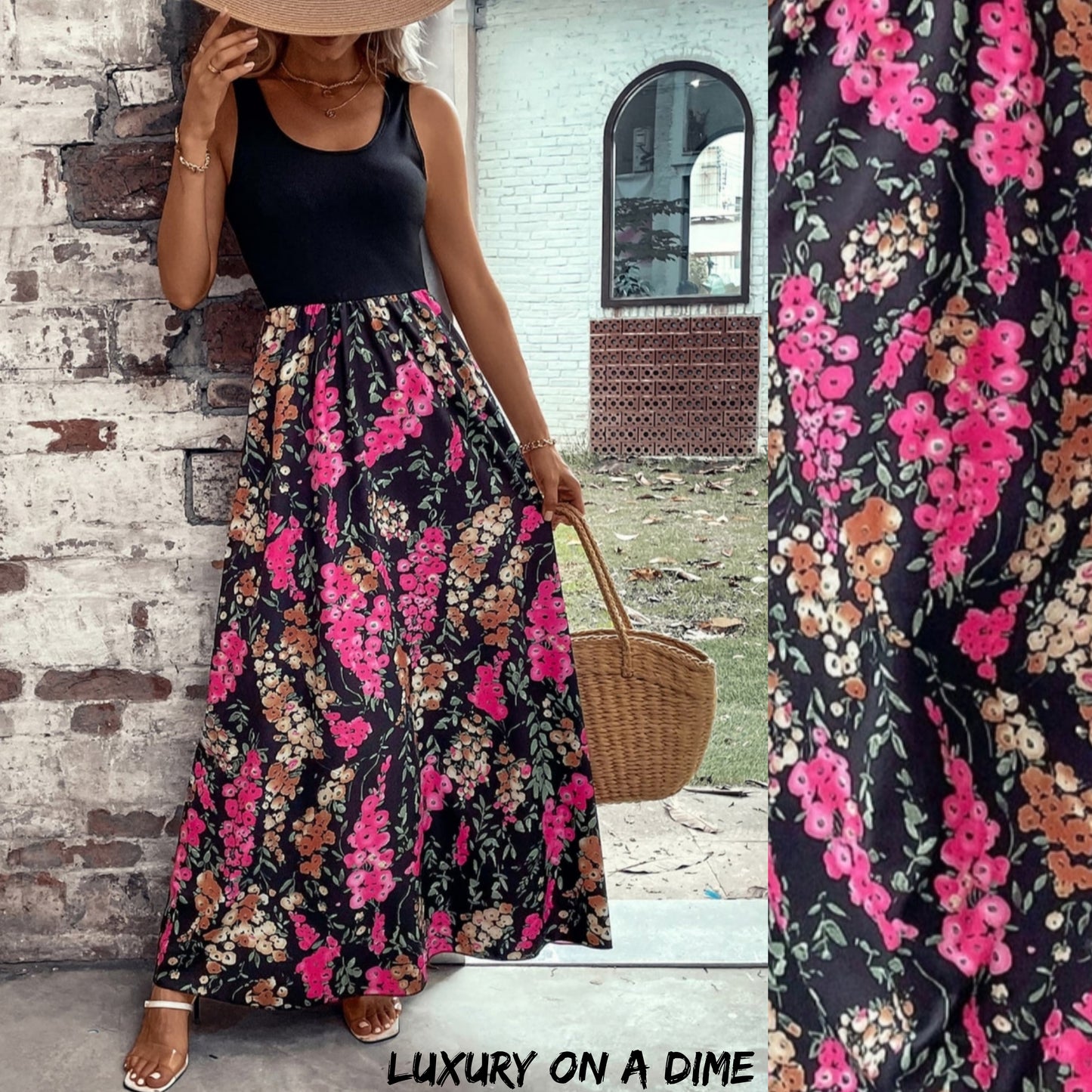 Color Block Bright Pink Floral Scoop Neck Sleeveless Maxi Dress