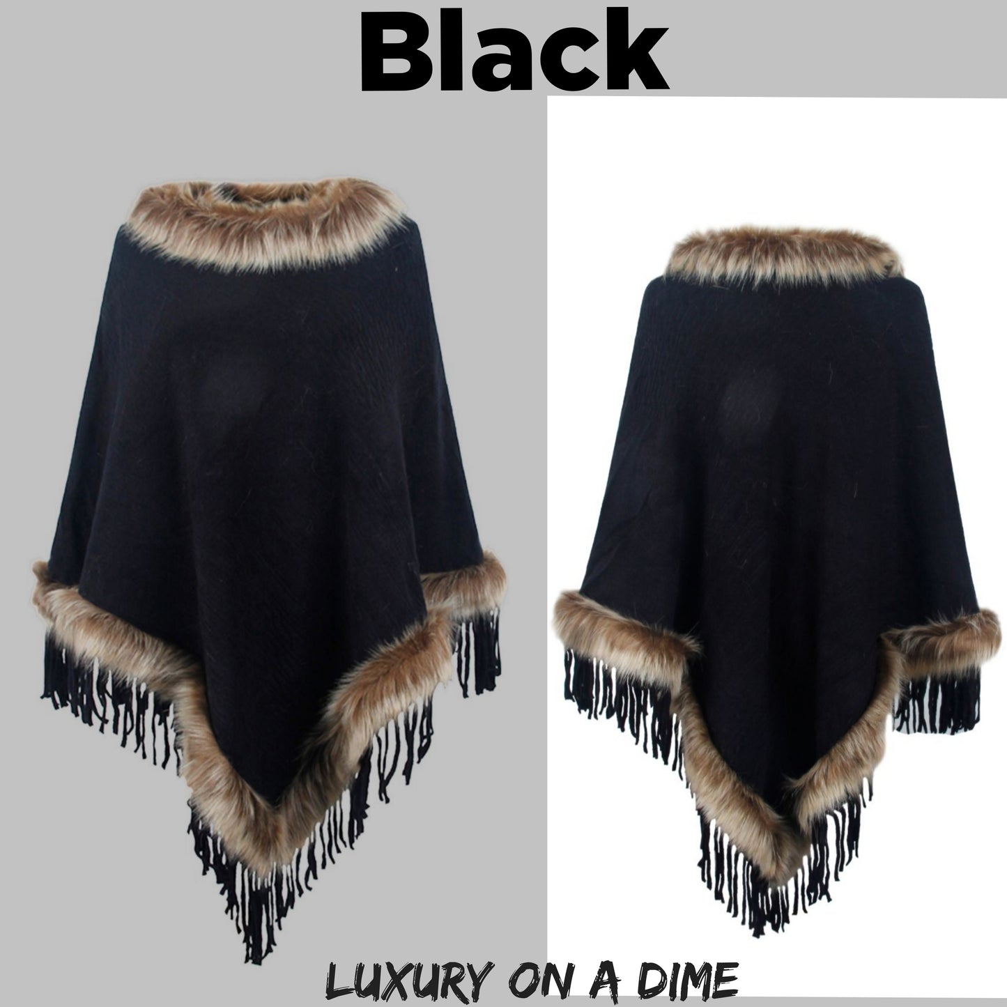 Faux Fur Retro Fringe Hem Textured Knit Pullover Poncho
