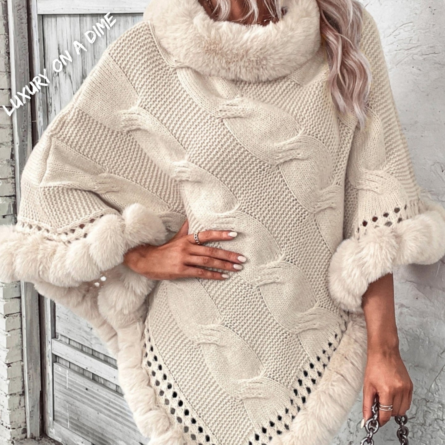 Plush Faux Fur Trim Cable Knit Pullover Poncho Sweater