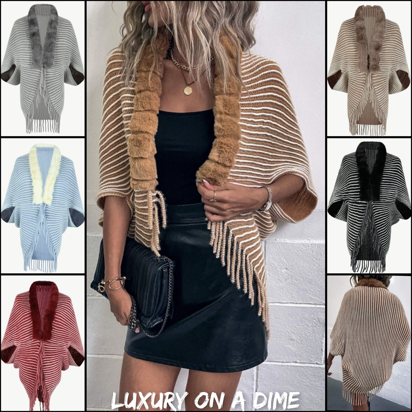 Stripe Faux Fur Retro Fringe Hem Open Front Shrug Knit Bolero Cardigan