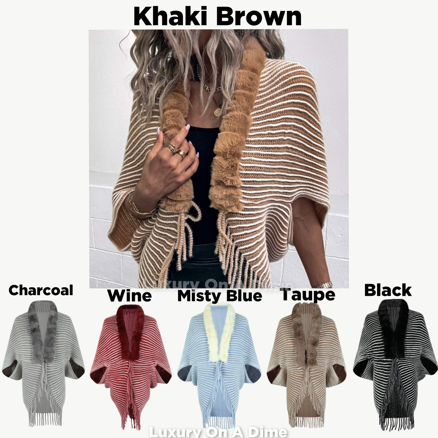 Stripe Faux Fur Retro Fringe Hem Open Front Shrug Knit Bolero Cardigan