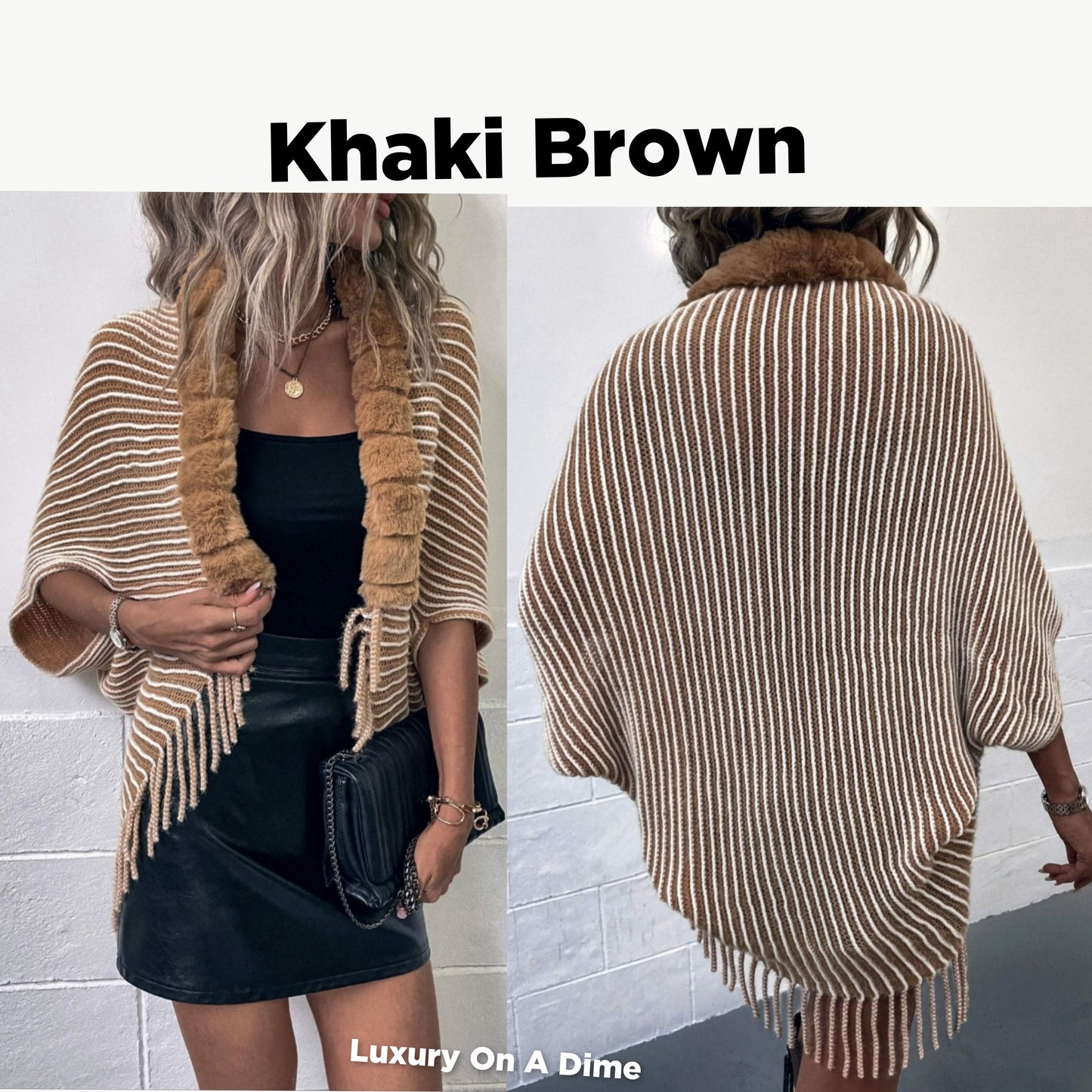 Stripe Faux Fur Retro Fringe Hem Open Front Shrug Knit Bolero Cardigan