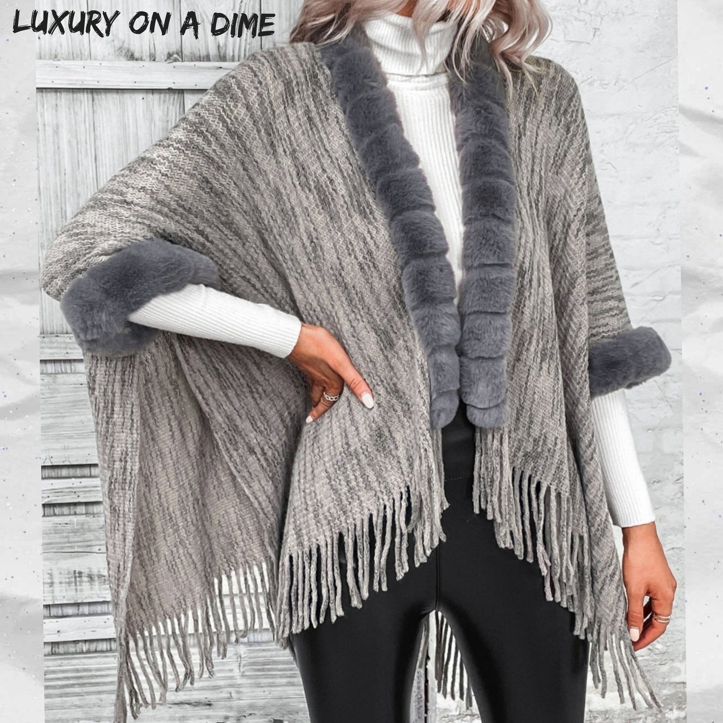 Plush Faux Fur Trim Retro Fringe Hem Open Front Knit Poncho Cardigan